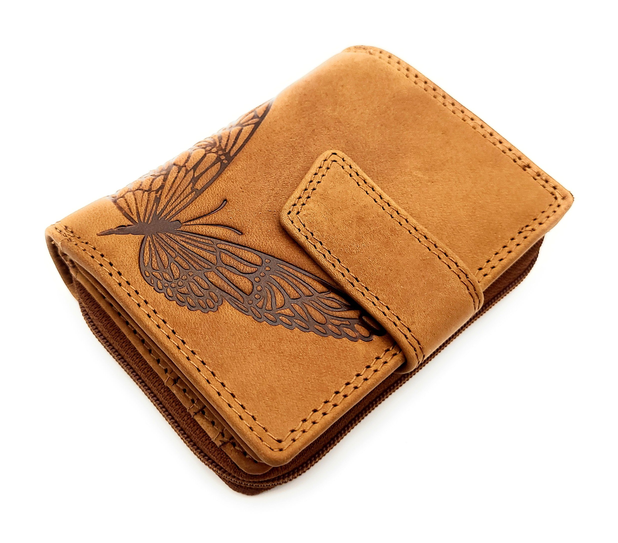 JOCKEY CLUB Mini Geldbörse kleines echt Leder Damen Portemonnaie mit RFID Schutz, wunderschöner Schmetterling, Sauvage Rindleder, cognac braun