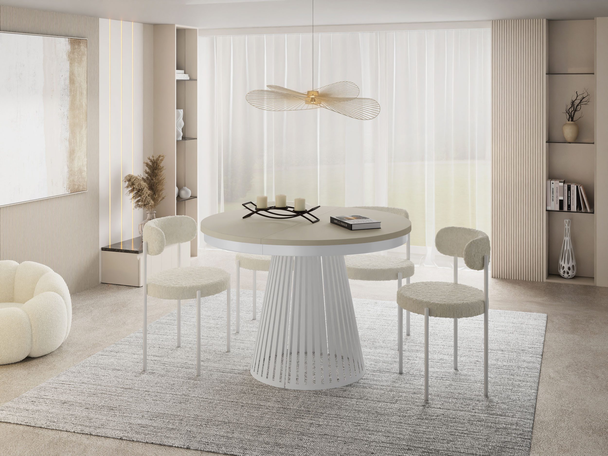 WFL GROUP Esstisch Naro White ausziehbar rund modern mit weißen Metallbeinen (MADE IN EU, erhältlich in 2 Größen – 100/120 cm, ausziehbar auf 180/200 cm), platzsparender Tisch für kleine Küche, Esszimmer oder Wohnzimmer