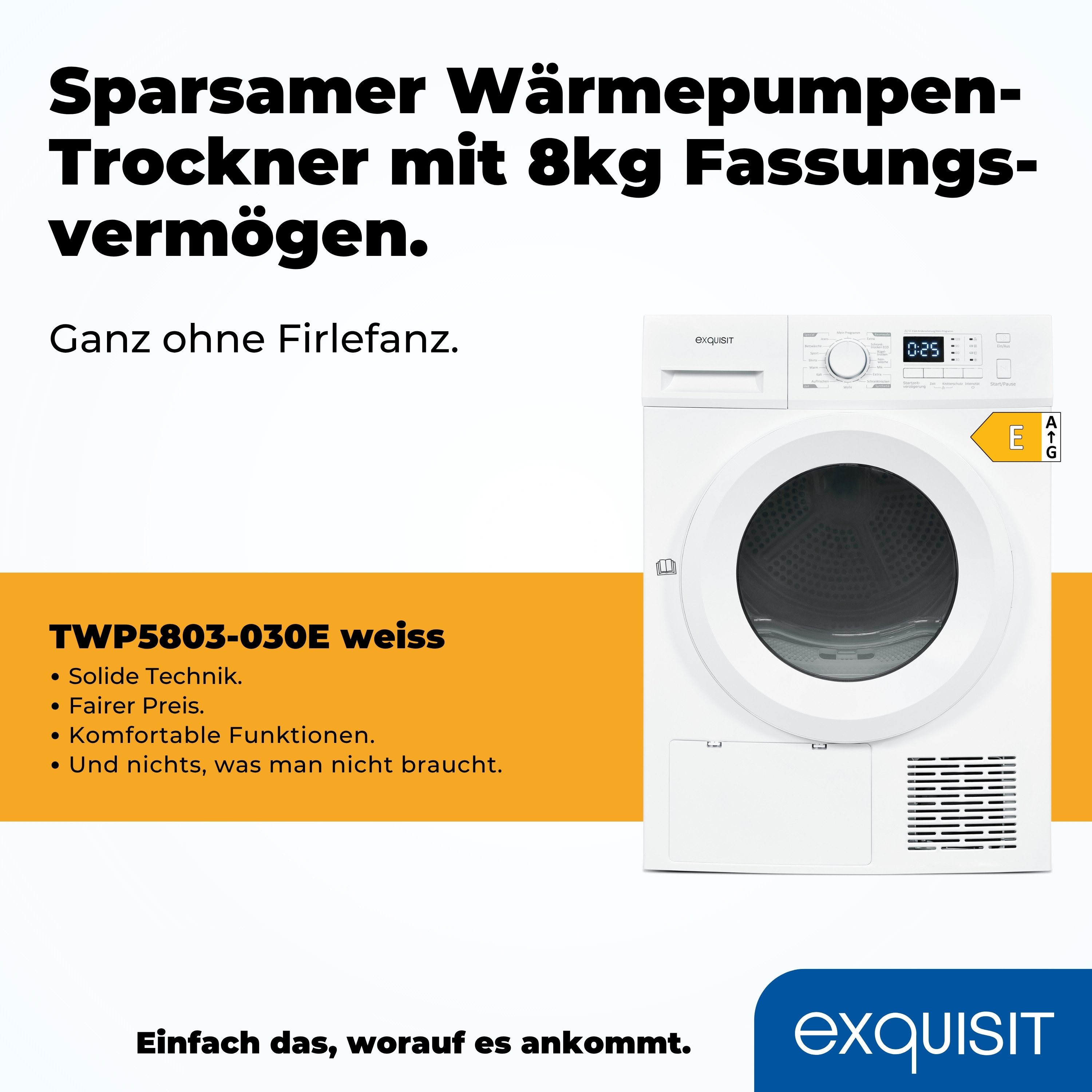 exquisit Wärmepumpentrockner TWP5803-030, Knitterschutz, Sicherheitsthermostat, Innenbeleuchtung