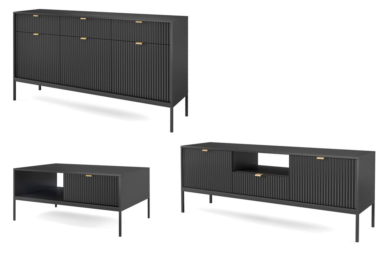 Feldmann-Wohnen Wohnwand Nova, (1 Lowboard, 1 Couchtisch, 1 Sideboard, 3-St., Riffel-Optik Front, goldfarbene Metallgriffe, ABS-Kanten), 3-teilig MDF Schwarz