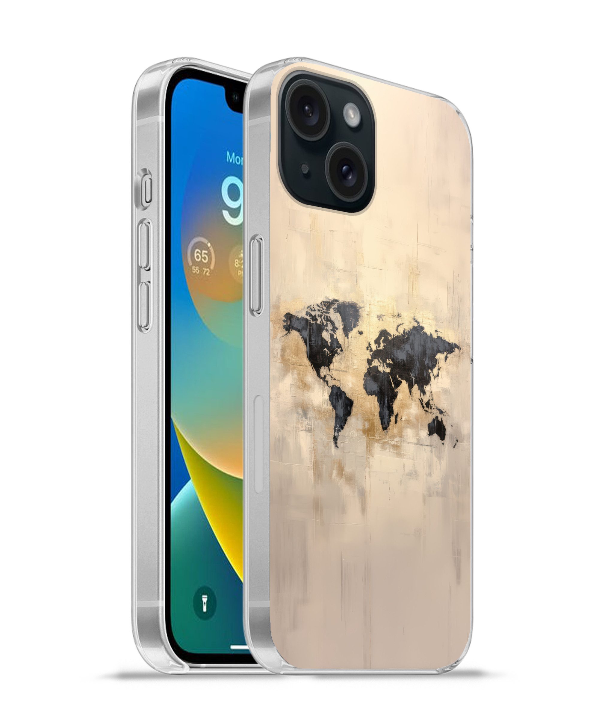 MuchoWow Handyhülle für Apple iPhone 15 Weltkarte - Gold - Schwarz - Abstrakt, Smartphone-Bumper, Print, Handy Schutzhülle Dünn