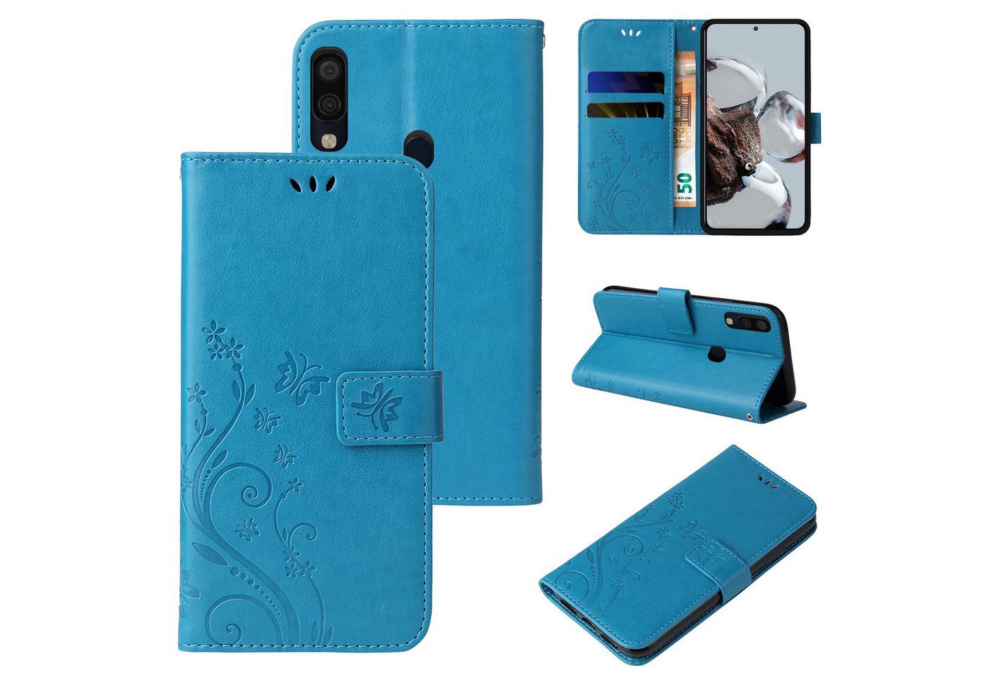 Tec-Expert Handyhülle Cover Tasche Hülle für Samsung Galaxy A40 5,9 Zoll, Klapphülle Case mit Kartenfach Fliphülle aufstellbar, Motiv Blumen