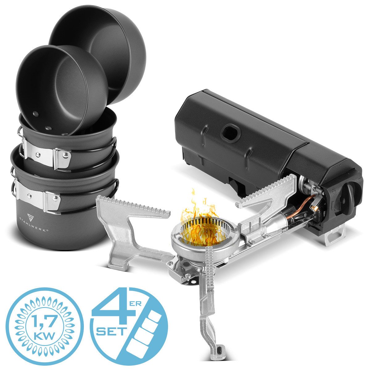 STAHLWERK Gaskocher Outdoor-Koch-und Campingset Gaskocher 1.700 Watt inklusive 4 Töpfe, (Set, Set), Schweißer-Gripzangen inklusive Transportkoffer
