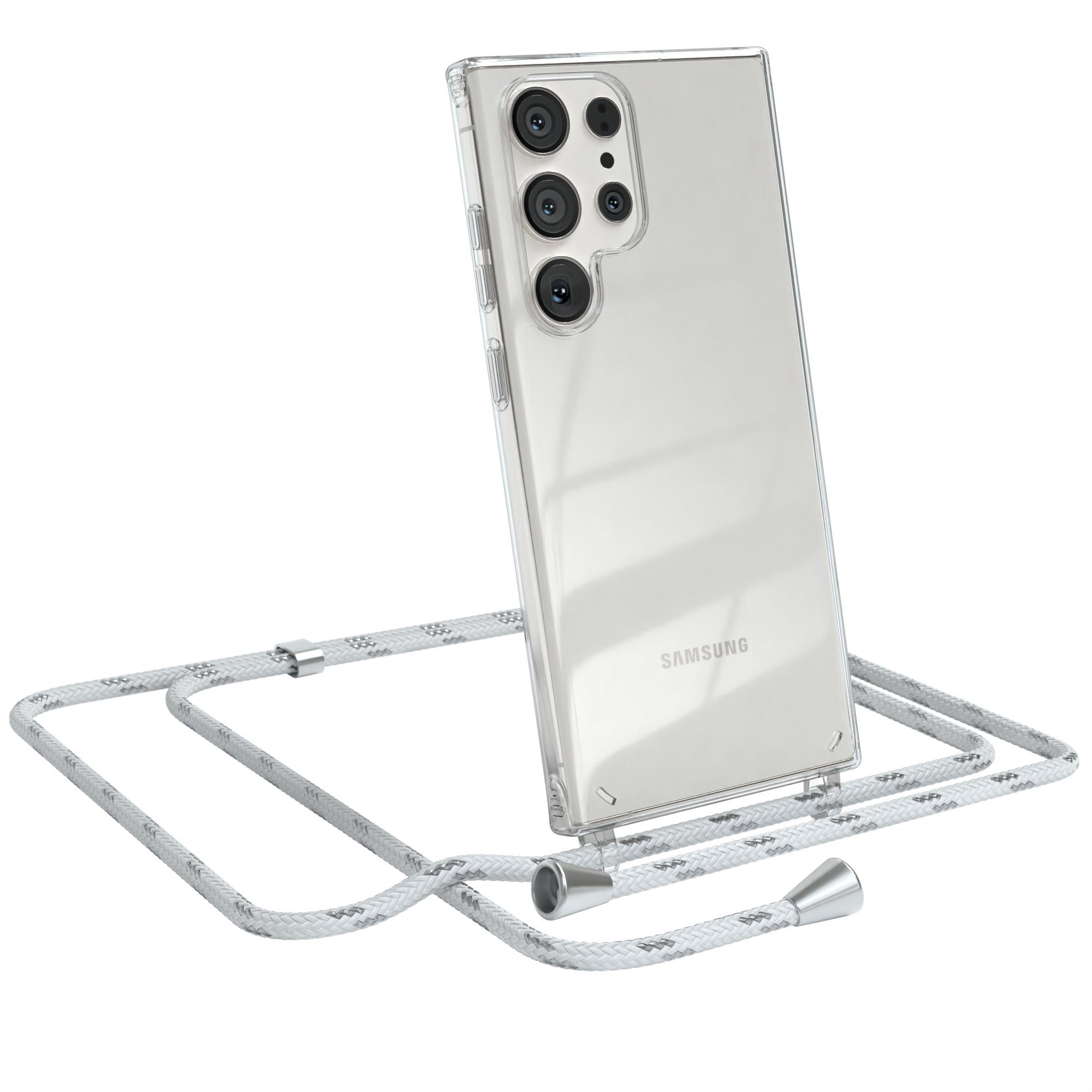 EAZY CASE Handykette Hülle mit Kette für Samsung Galaxy S23 Ultra 6,8 Zoll, Hülle Smartphonekette für Unterwegs Festivalhülle Transparent Weiß