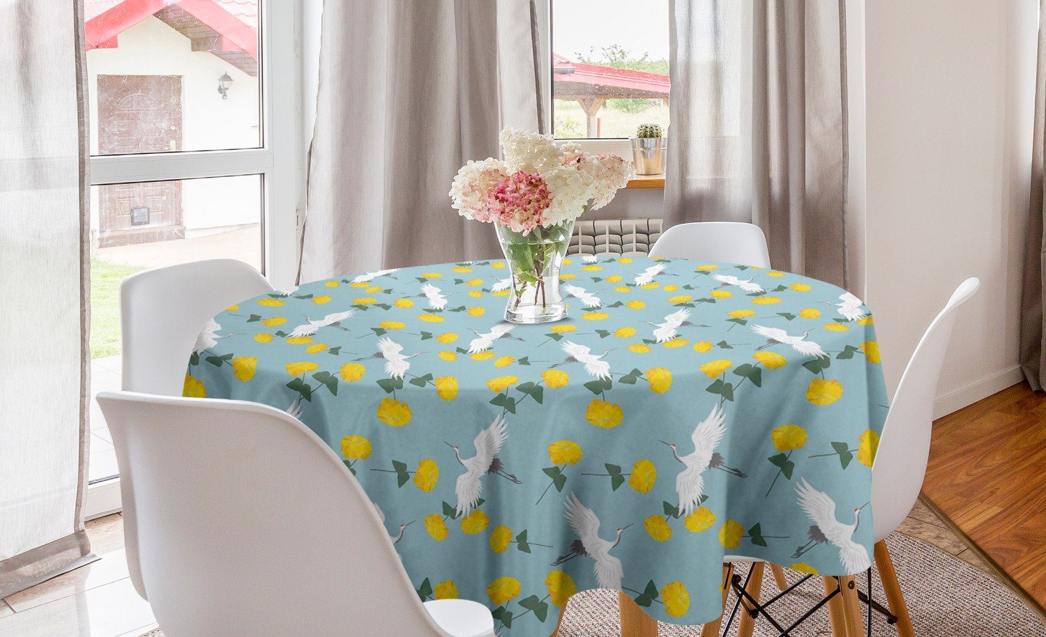 Abakuhaus Tischdecke Kreis Tischdecke Abdeckung für Esszimmer Küche Dekoration, Gelber Vogel Kräne und Blumen