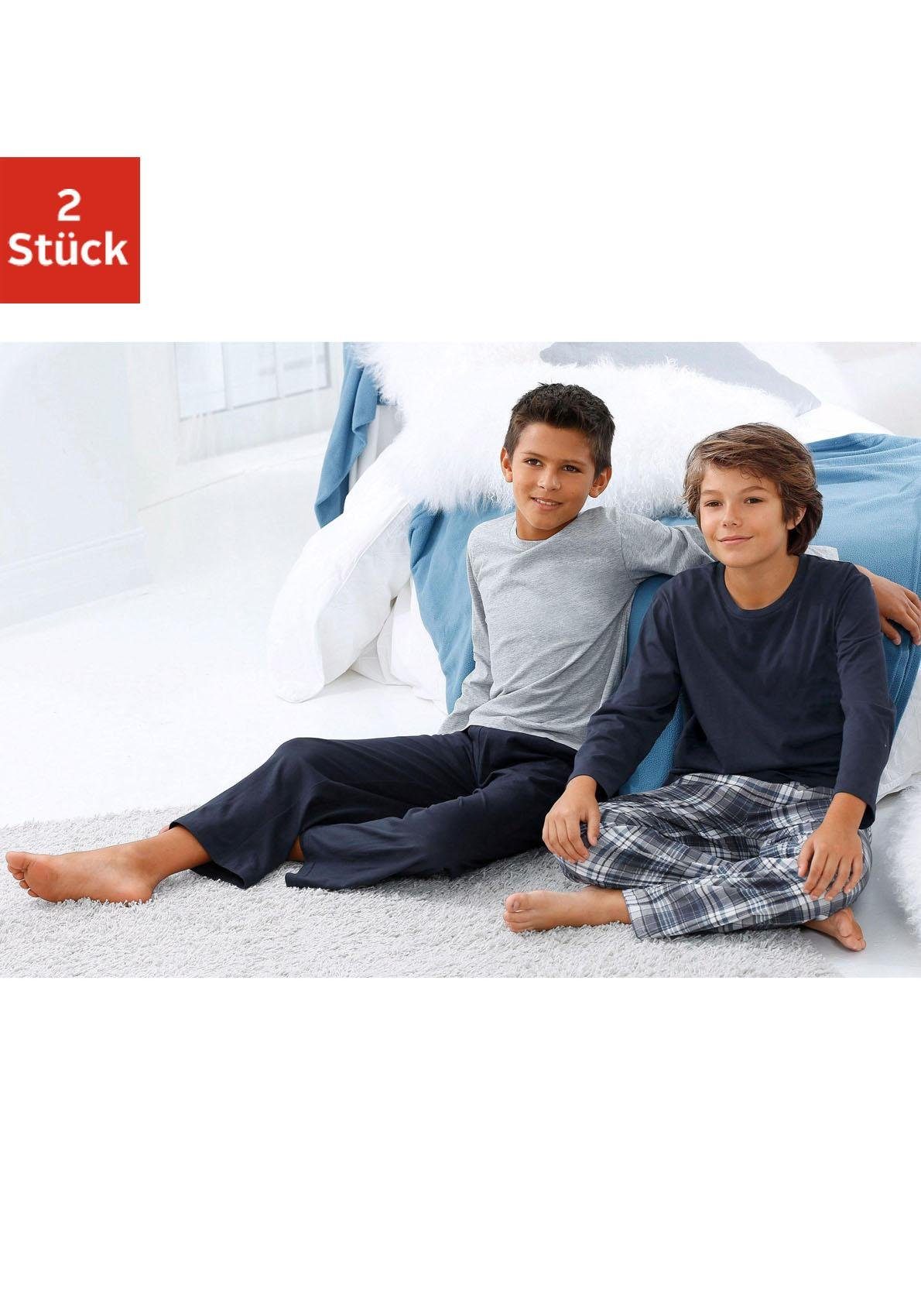 le jogger® Pyjama (Packung, 4 tlg., 2 Stück) Schlafanzug in langer Form, Hose 1x uni und 1x kariert