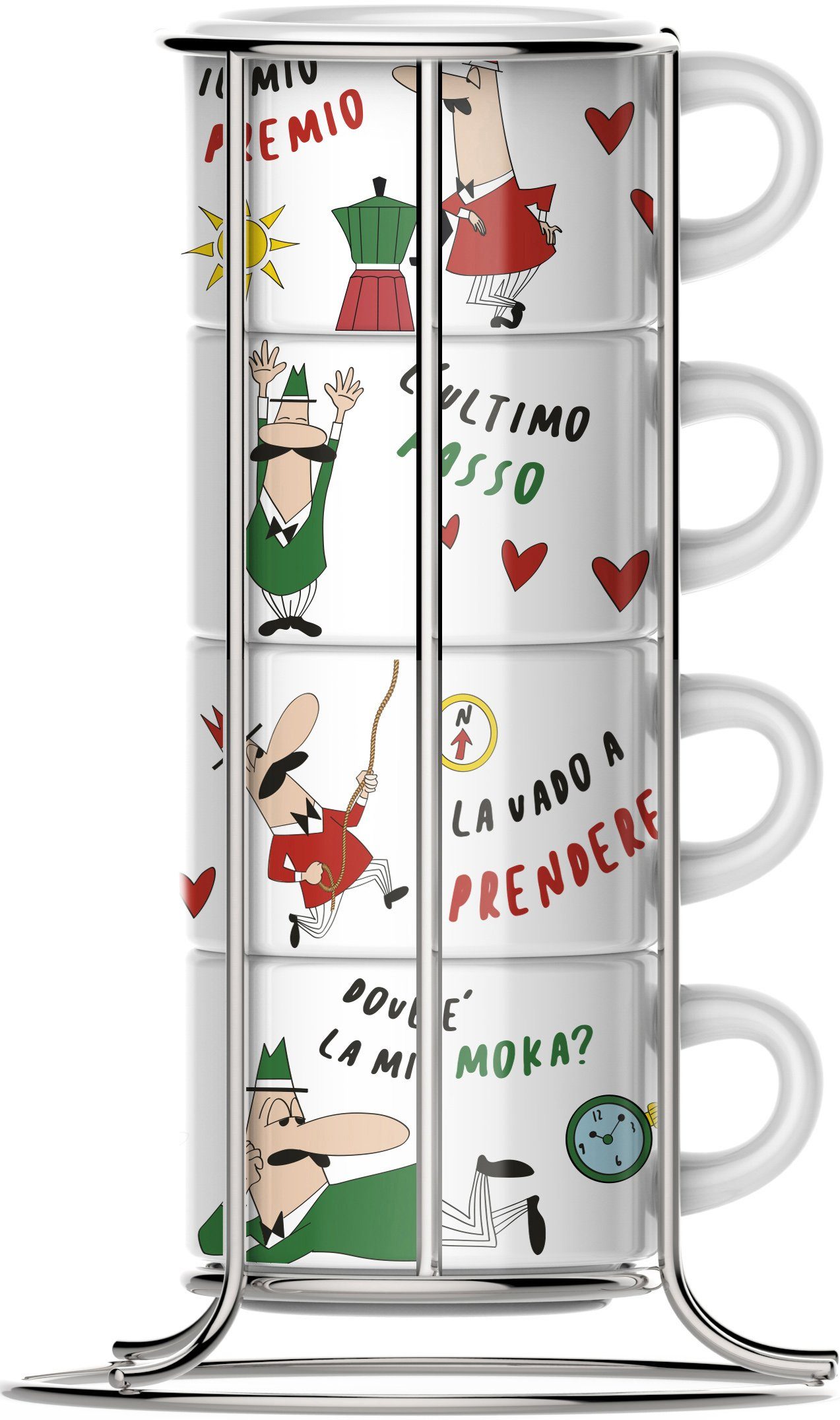 BIALETTI Cappuccinotasse, 5-tlg., Metall, Porzellan, (4 Cappuccinotassen mit Metallgestell)