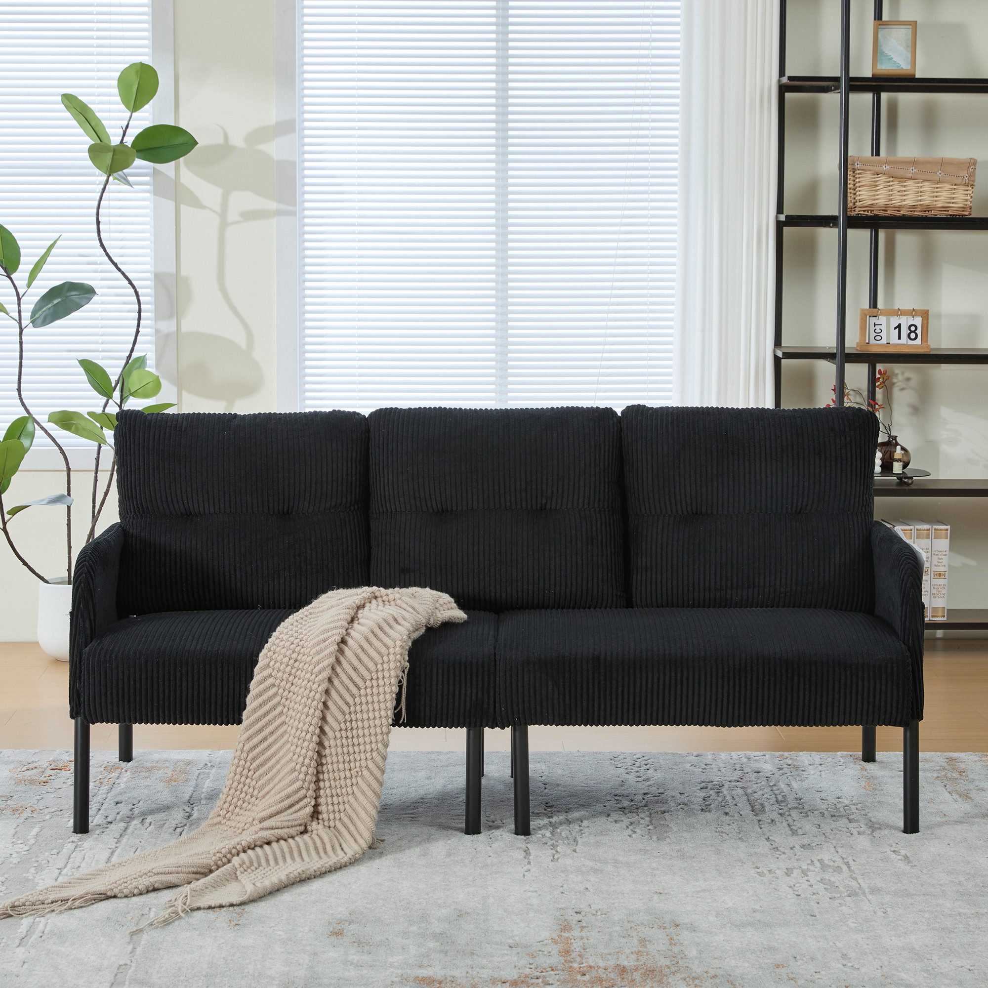 STILVORA Loungesofa Dreisitzer Cordsofa mit hoher Rückenlehne und Seitentaschen Schwarz, Relaxsofa mit Stabile Metallfüße und robuste Konstruktion, Tiefe und breite Sitzfläche