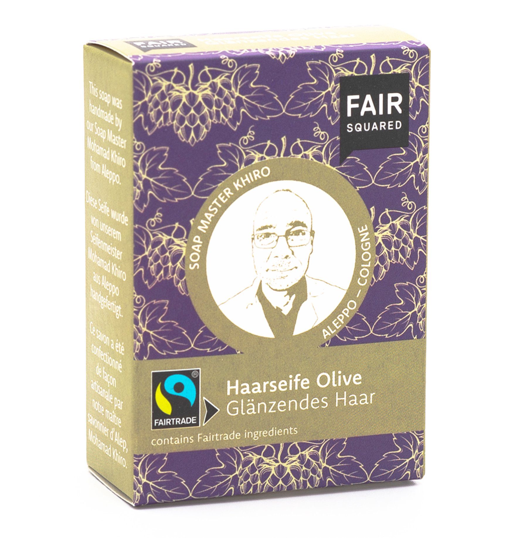 Fair Squared Haarseife FAIR SQUARED Haarseife mit Olivenöl für glänzendes Haar mit fair gehandelten Inhaltsstoffen, Packung, 1-tlg., Packung, Wirkt stärkend & pflegend