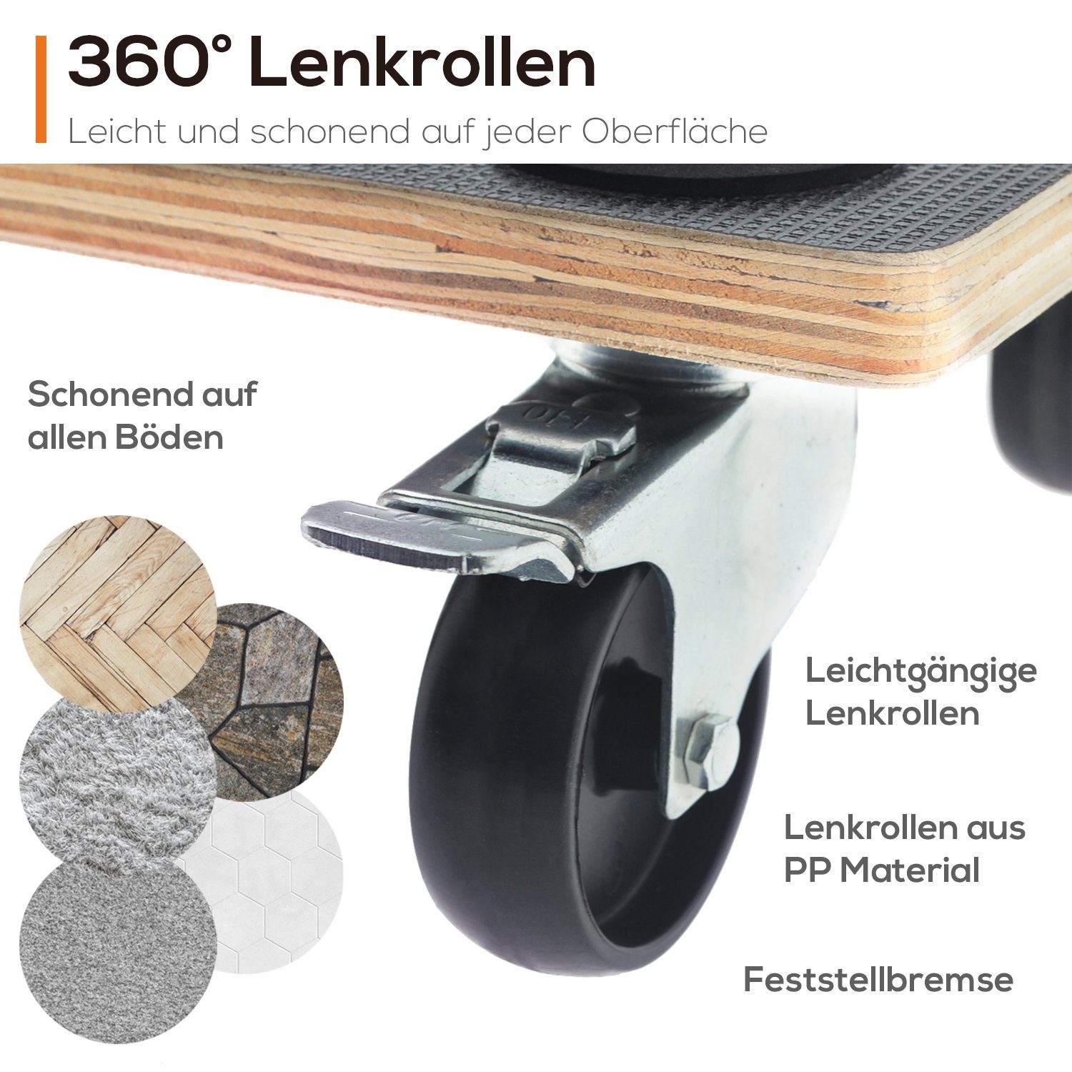 TroniTechnik Transportroller Rollbrett Transportroller rutschfest 400 kg Tragfähigkeit, (vier lenkbare Rollen, zwei bremsbare Rollen, 1-St., inkl. Anti-Rutsch-Pads für Möbeltransport, Umzugshilfe), rutschfest, 360° Rollen, mit Feststellbremse