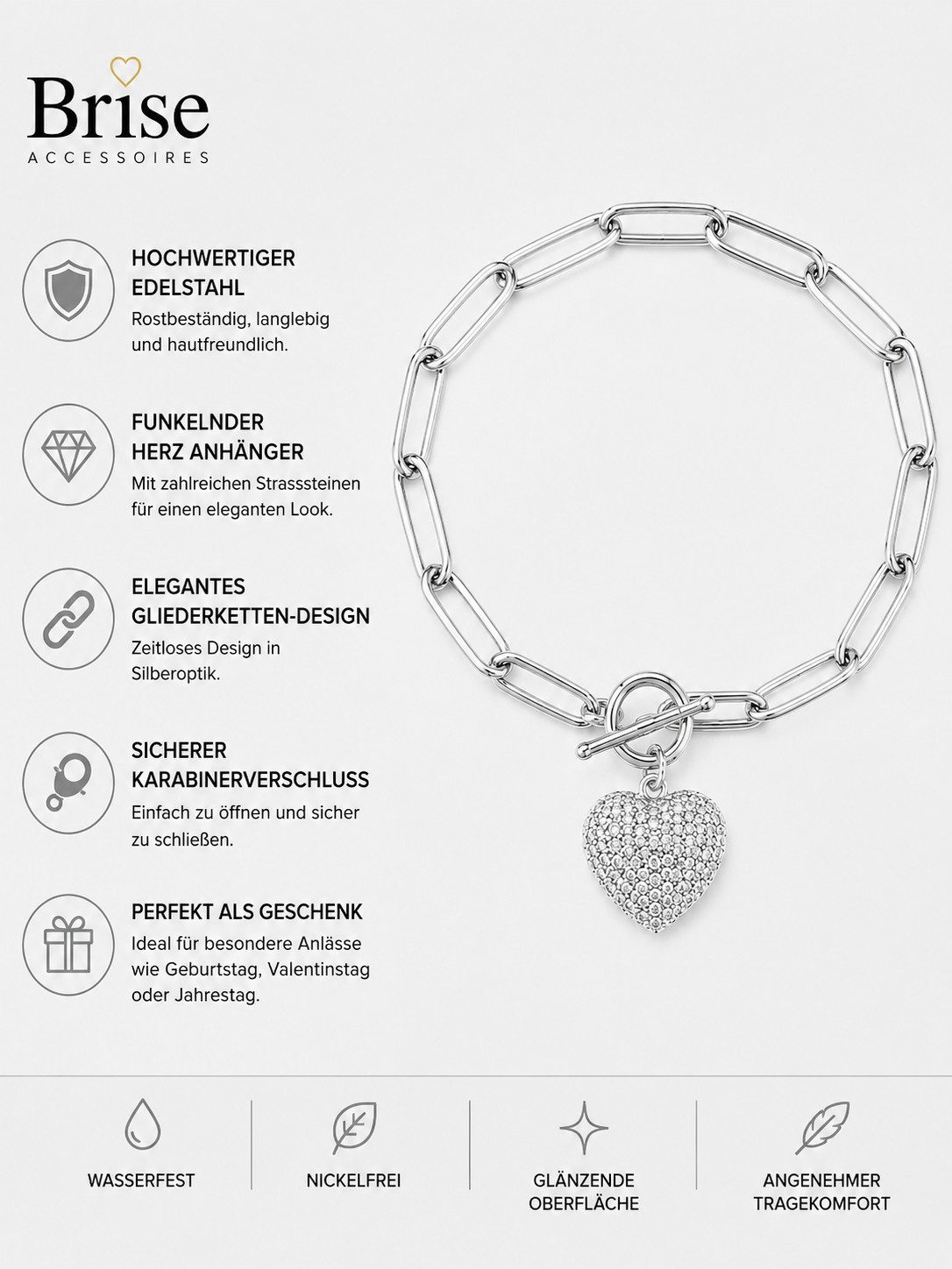 Brise Schmuck Armband Edelstahl Armband Damen Herz – Verstellbares Gliederarmband Silber, Verstellbar, 100 % Edelstahl, Herz-Anhänger, Strass-Detail, Rostfrei – Bild 2 von 4