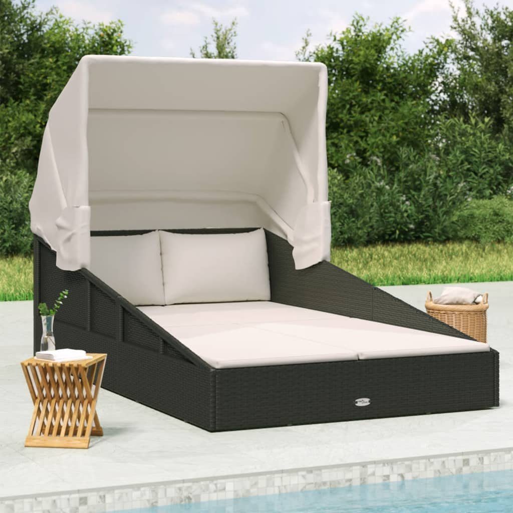 vidaXL Gartenliege Sonnenliege mit Faltdach Schwarz 200x114x128 cm Poly Rattan