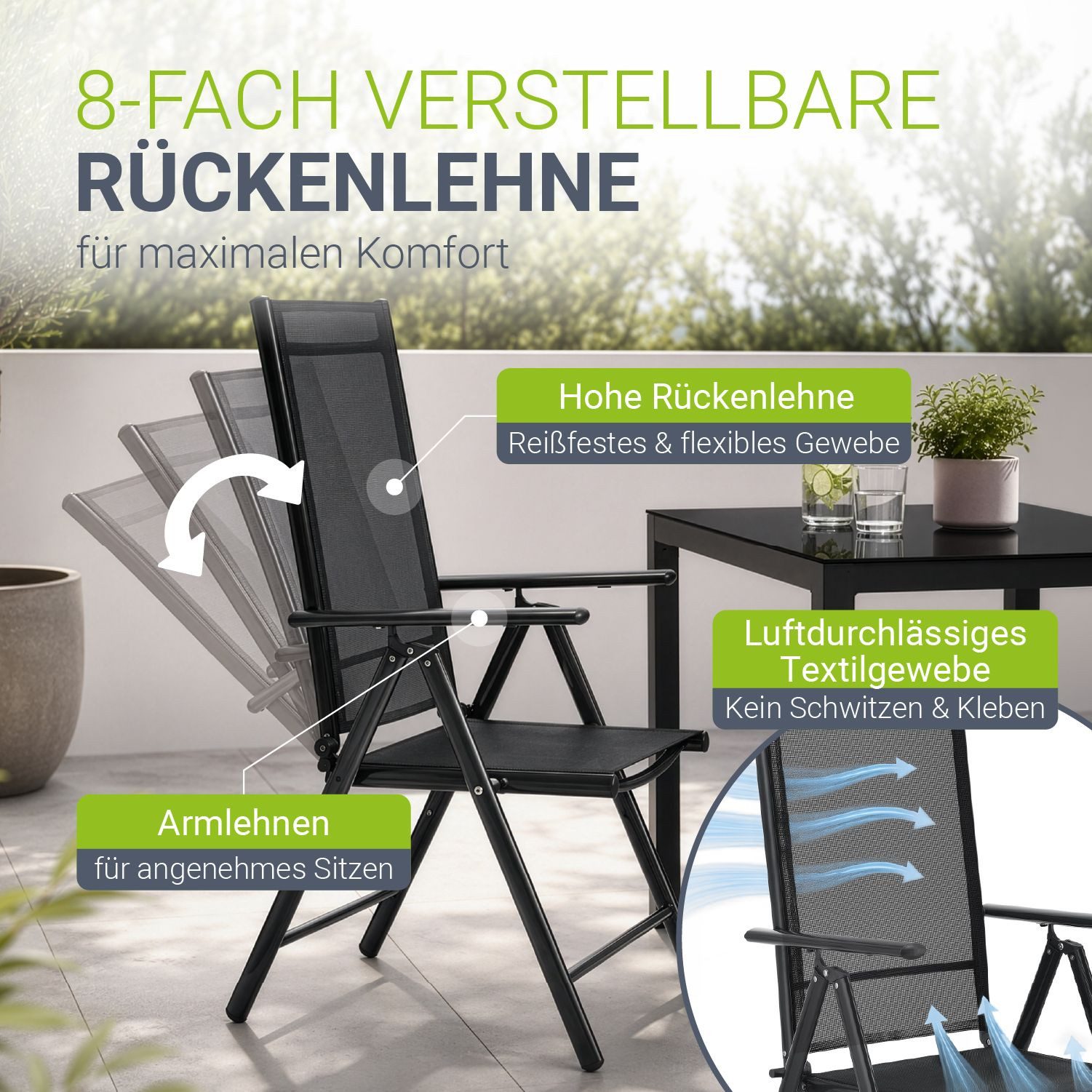 Juskys Garten-Essgruppe Milano, (5-tlg), 4 Gartenstühlen plus Tisch - Stühle klappbar und verstellbar