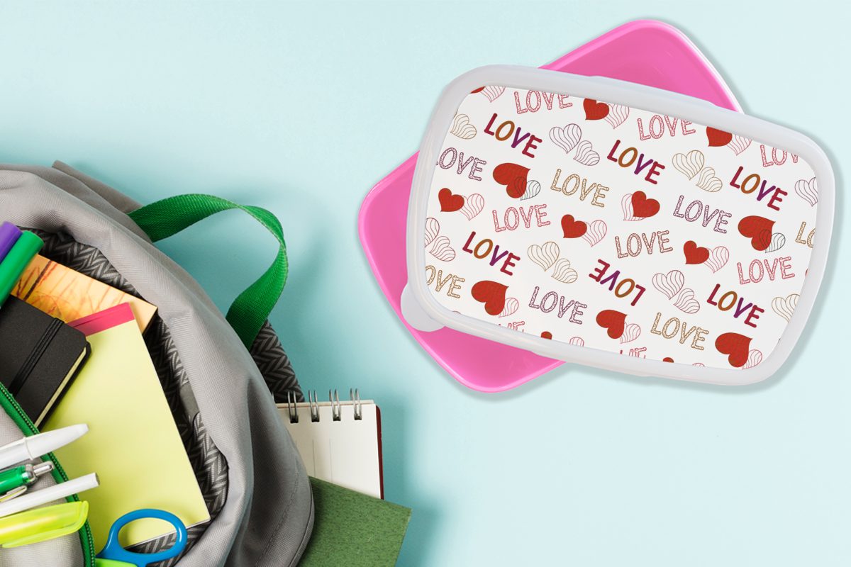 für - Muster, MuchoWow Kinder, Liebe Mädchen, Kunststoff Lunchbox Snackbox, (2-tlg), Erwachsene, Kunststoff, Herz - Brotbox Brotdose rosa