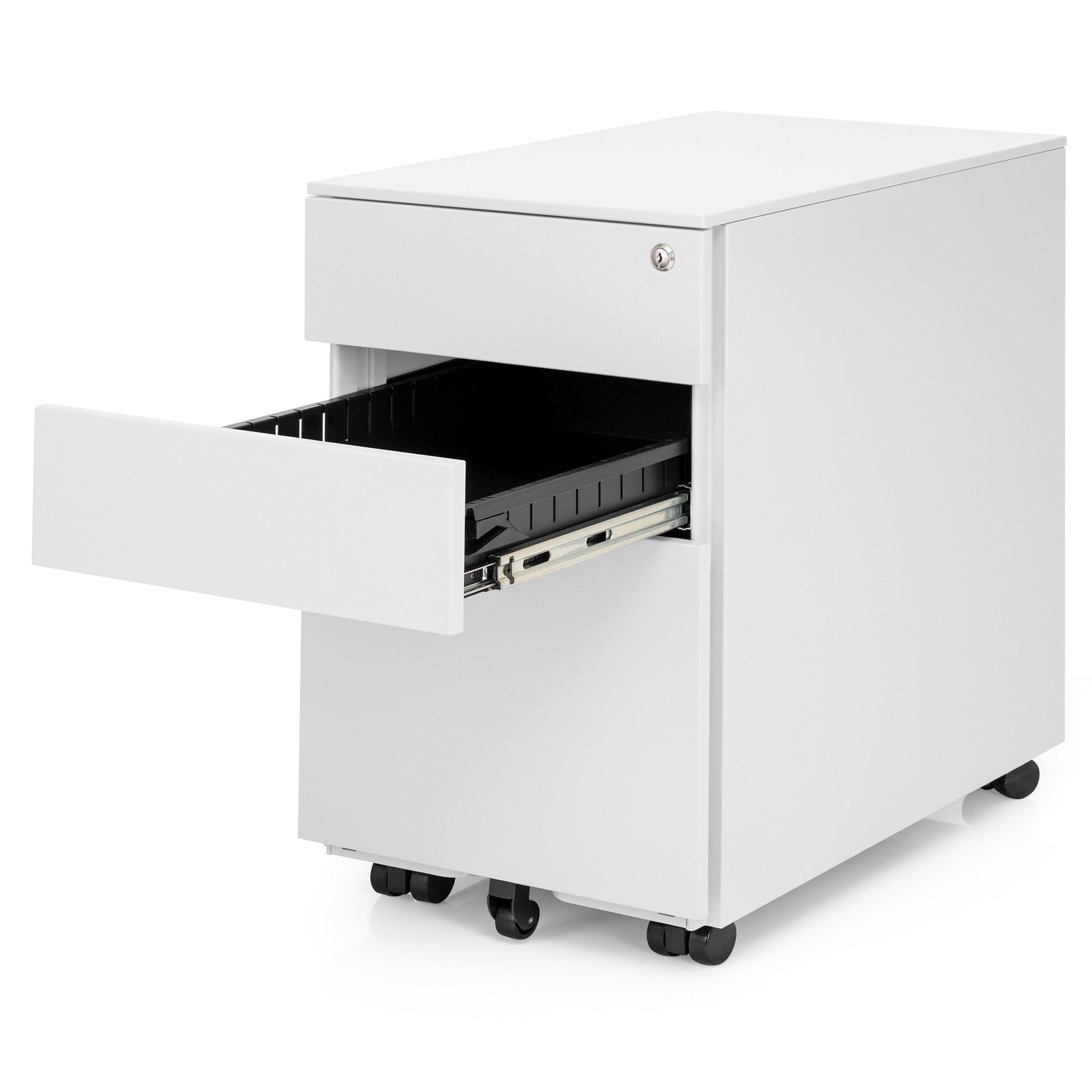 Ergotopia Rollcontainer mit 3 durch kaltgewalzten Schreibtischcontainer, Weiß abschließbar Stahl Schubladen Bürocontainer besonders robust