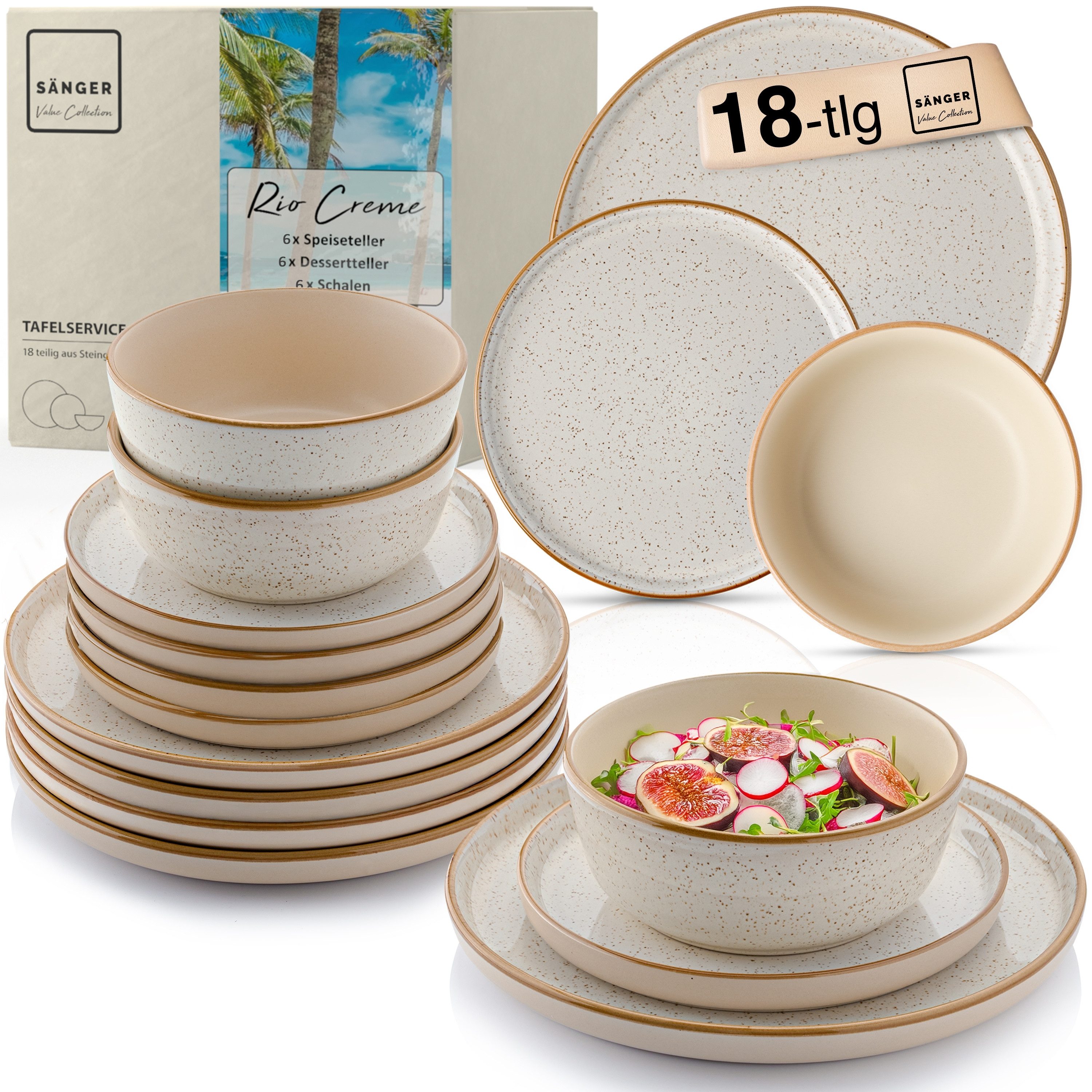 SÄNGER Tafelservice Rio Geschirrset (18-tlg), 6 Personen, Steingut, Handmade, Creme Beige, Erweiterbar, VALUE COLLECTION