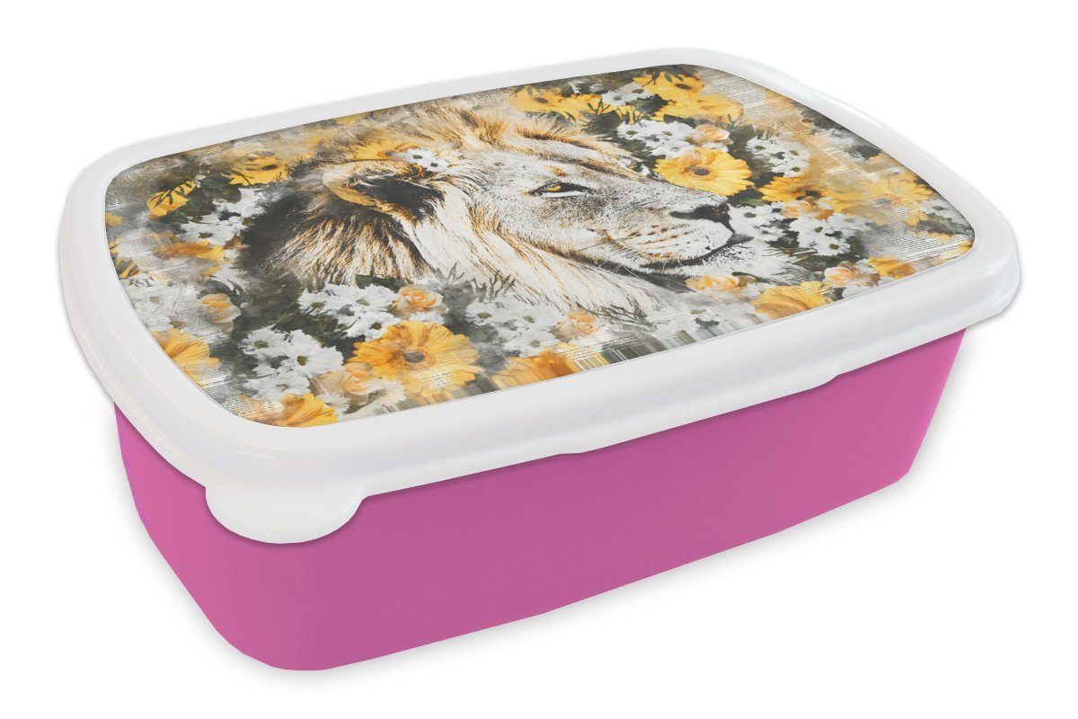 MuchoWow Lunchbox Löwe - Blumen - Schwarz - Weiß, Kunststoff, (2-tlg), Brotbox für Erwachsene, Brotdose Kinder, Snackbox, Mädchen, Kunststoff rosa