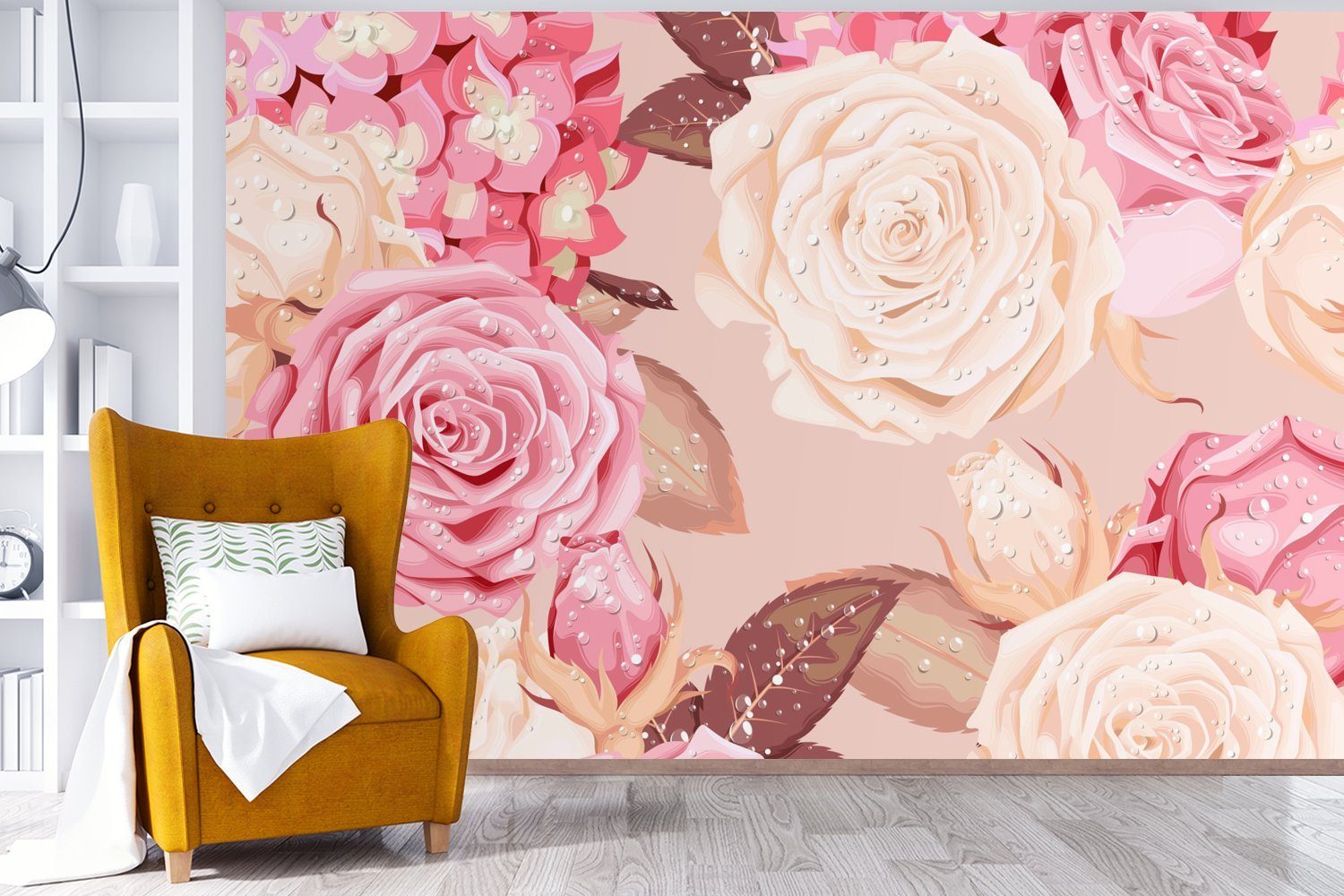 Vinyl Collage, - - Wohnzimmer, bedruckt, Tapete MuchoWow Rosa Kinderzimmer, Schlafzimmer, Weiß für St), (6 Fototapete Wallpaper Rosen Matt, -