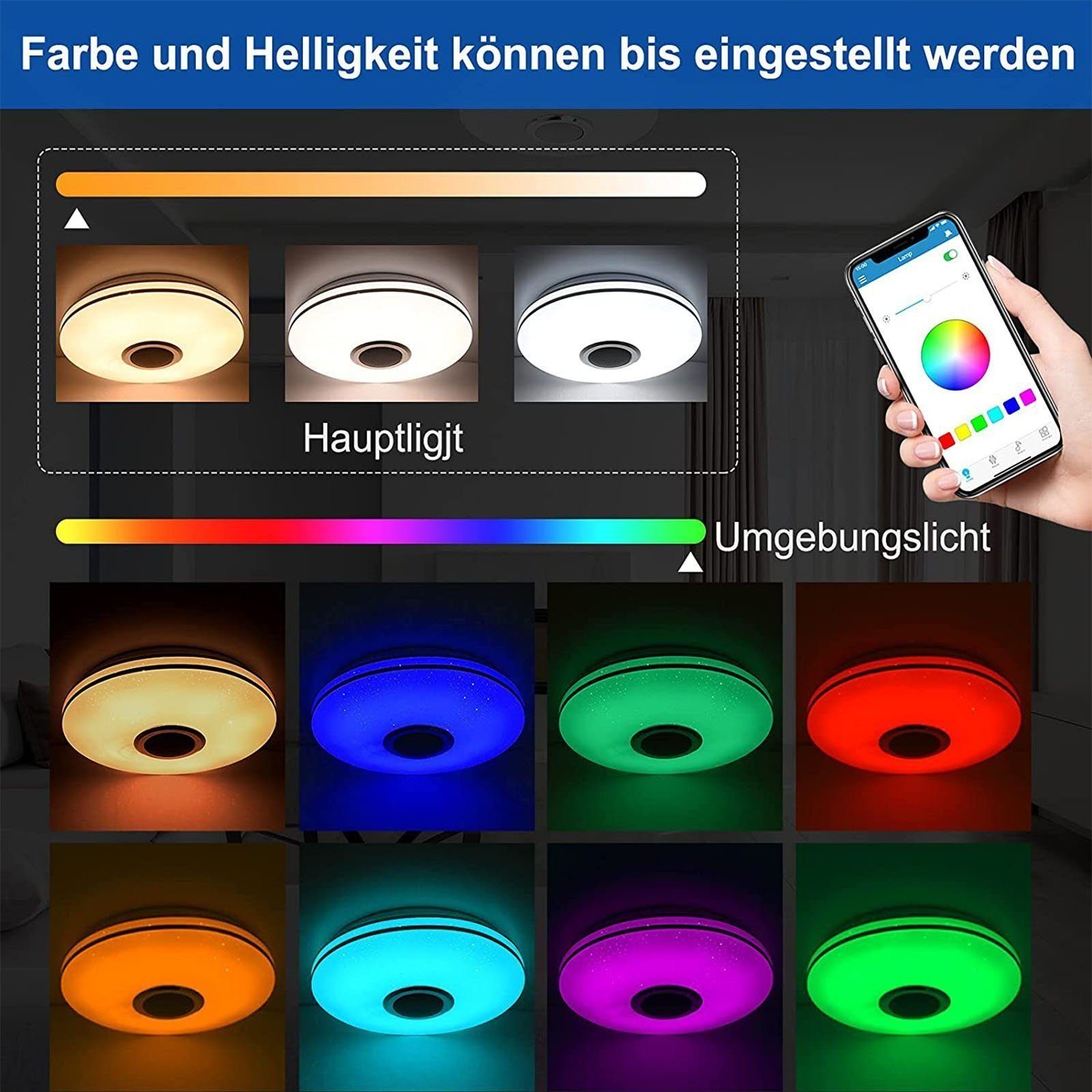 LETGOSPT Deckenleuchte LED Deckenlampe, mit Bluetooth Lautsprecher, RGB, Fernbedienung, APP, LED fest integriert, RGB, Tageslichtweiß, LED Deckenleuchte,Ø 30cm,für Badezimmer Schlafzimmer Wohnzimmer