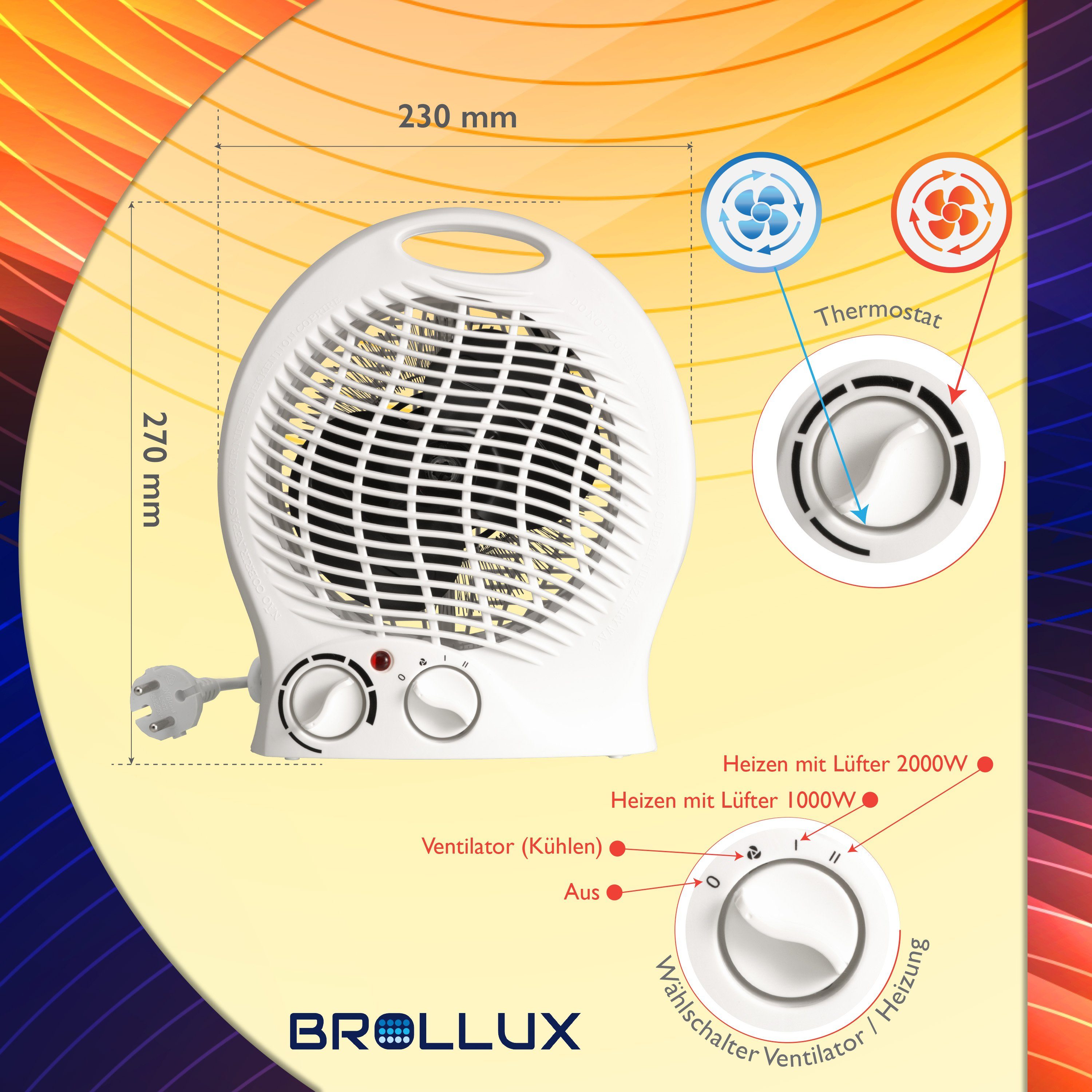 BROLLUX Heizgerät Elektroheizung Heizspirale VO0280W, Kaltluftzufuhr Spiralheizkörper 2000 Thermoventilator 2000W W