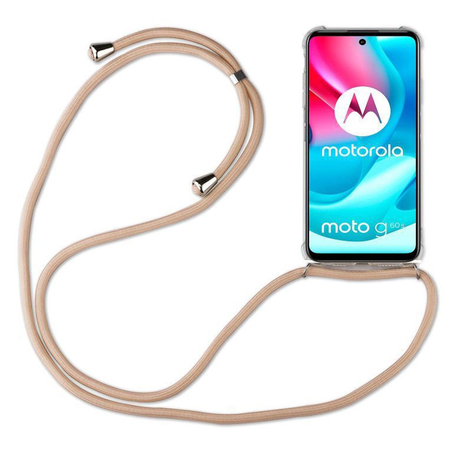 betterfon Handykette für Motorola Moto G60S Handyhülle mit Band & Kordel Bumper Beige/Braun, Hände frei – mit Silikonhülle & Schnur für flexiblen Alltag
