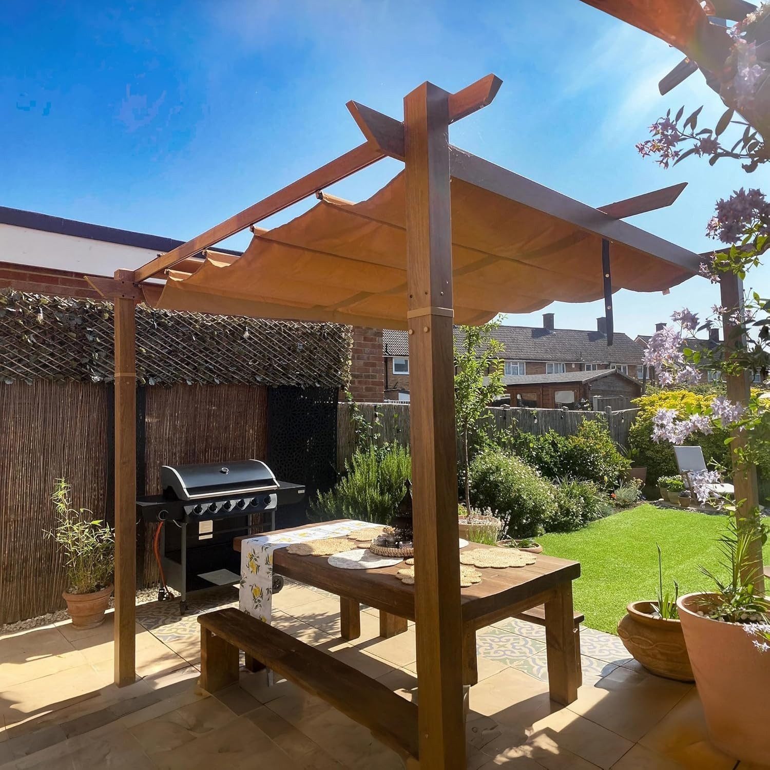 PURPLE LEAF Pergola Holzoptik Pavillon mit einziehbarem Dach, Alu Terrassenüberdachung, BxTxH: 300x300x245 cm, (Komplettes Set, Freistehende Pergola mit manuellem Schiebedach), Gartenpavillon Stabil & Winterfest, Terrasse, Balkon