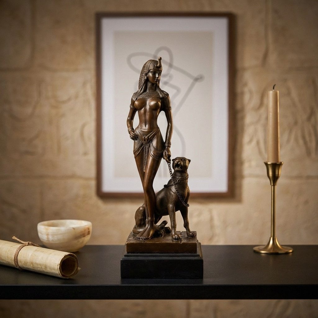 Antikas Wanddekoobjekt Hochwertige Bronze-Optik Skulptur anmutige Cleopatra mit Panther
