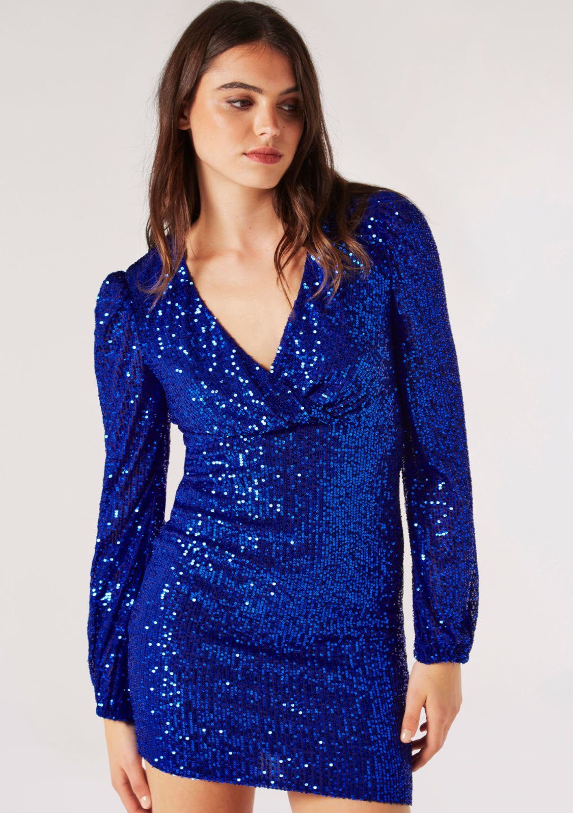 Bodycon mit blau X-Over Sequin Apricot (1-tlg) Pailletten Partykleid Dress