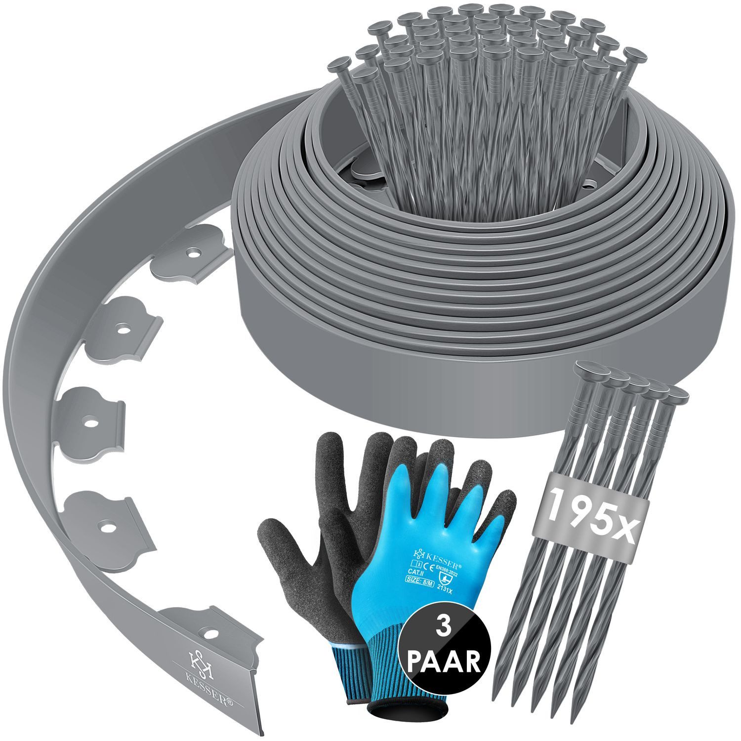 KESSER Rasenkante Flexible Beetumrandung aus Kunststoff 10/ 20/ 30/ 40/ 50m - Höhe 5cm, Mähkante Pflastersteine Palisade, Rasenkante mit Erdanker + Handschuhe Beeteinfassung Beetbegrenzung