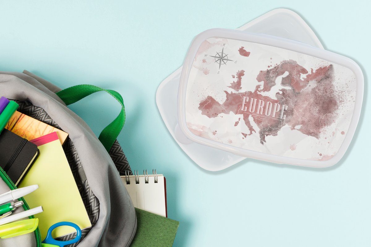 MuchoWow Lunchbox Karte - Europa - Brotbox Aquarell für Brotdose, und Mädchen Jungs Erwachsene, Kinder und Kompass, Kunststoff, weiß (2-tlg), für 
