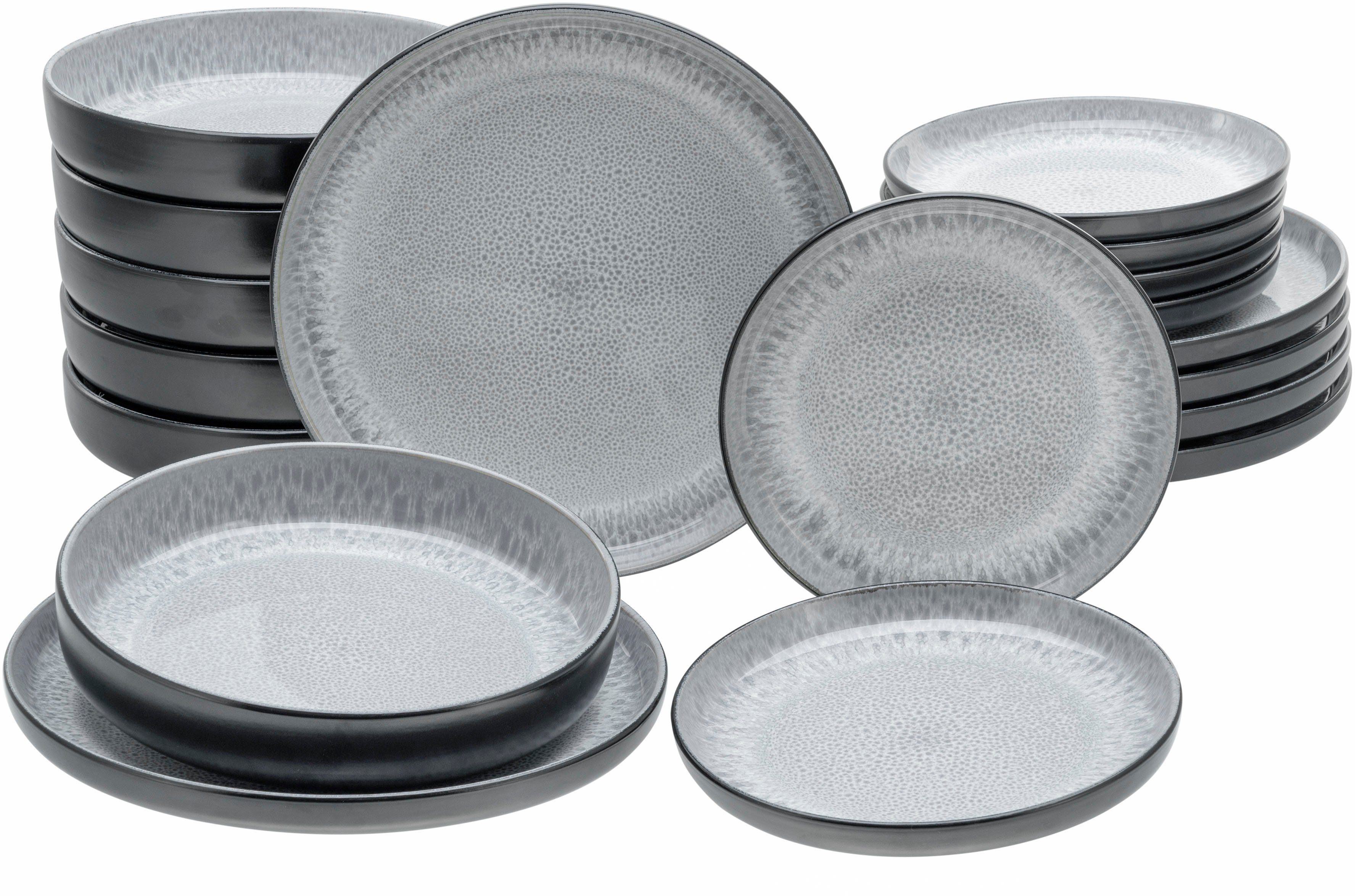 CreaTable Teller-Set Nordic Fjord (18-tlg), 6 Personen, Steinzeug, je 6 Speiseteller 26 cm, Suppenteller 22,5 cm, Dessertteller 19,5 cm
