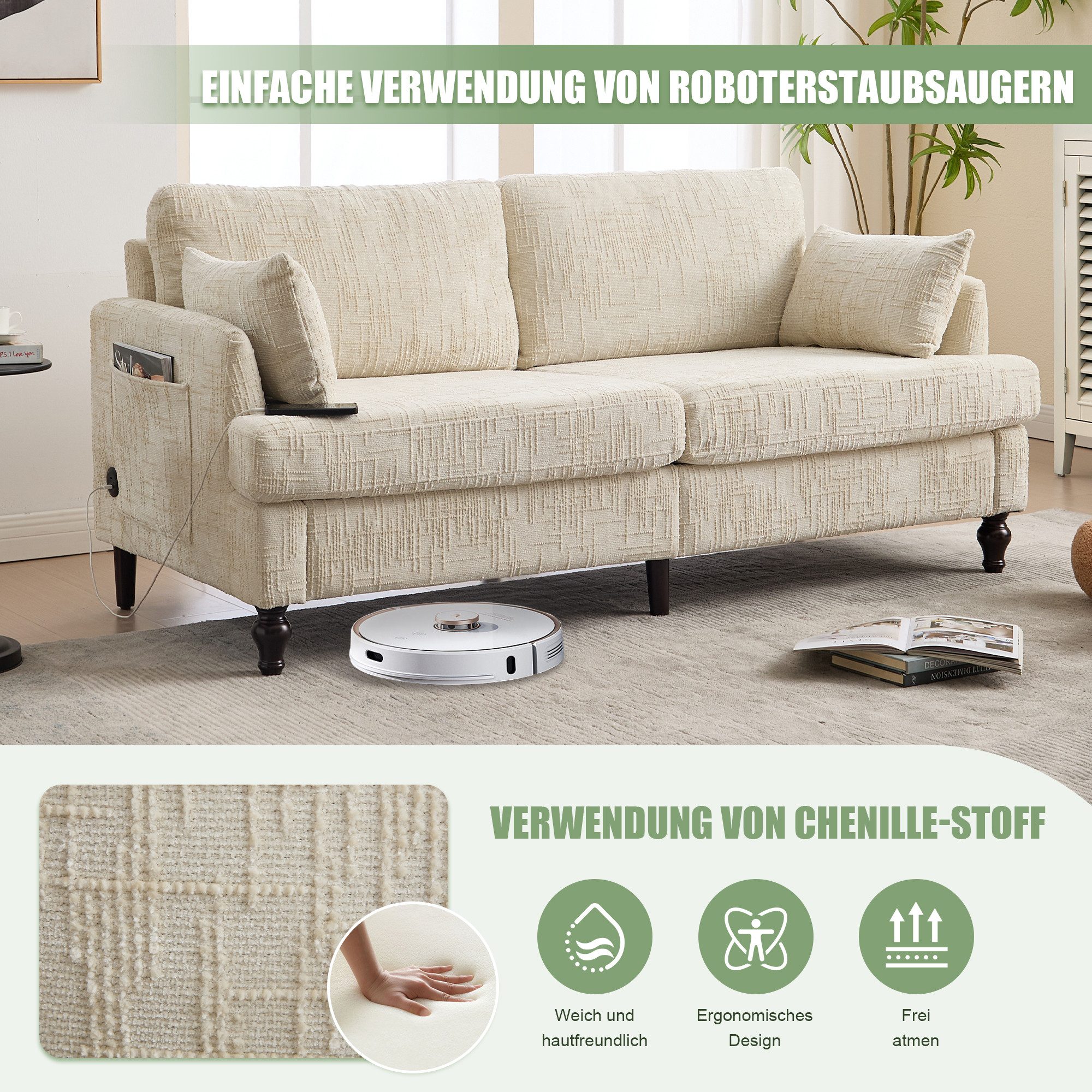 HAUSS SPOLE Sofa 2-sitziges Wohnzimmersofa Ecksofa Couch mit LED-Licht und USB, 2-Sitzer Chenille-Wohnzimmersofa mit USB-Anschluss & LED, moderne Couch mit Stauraum, für Wohnzimmer, Schlafzimmer & Büro