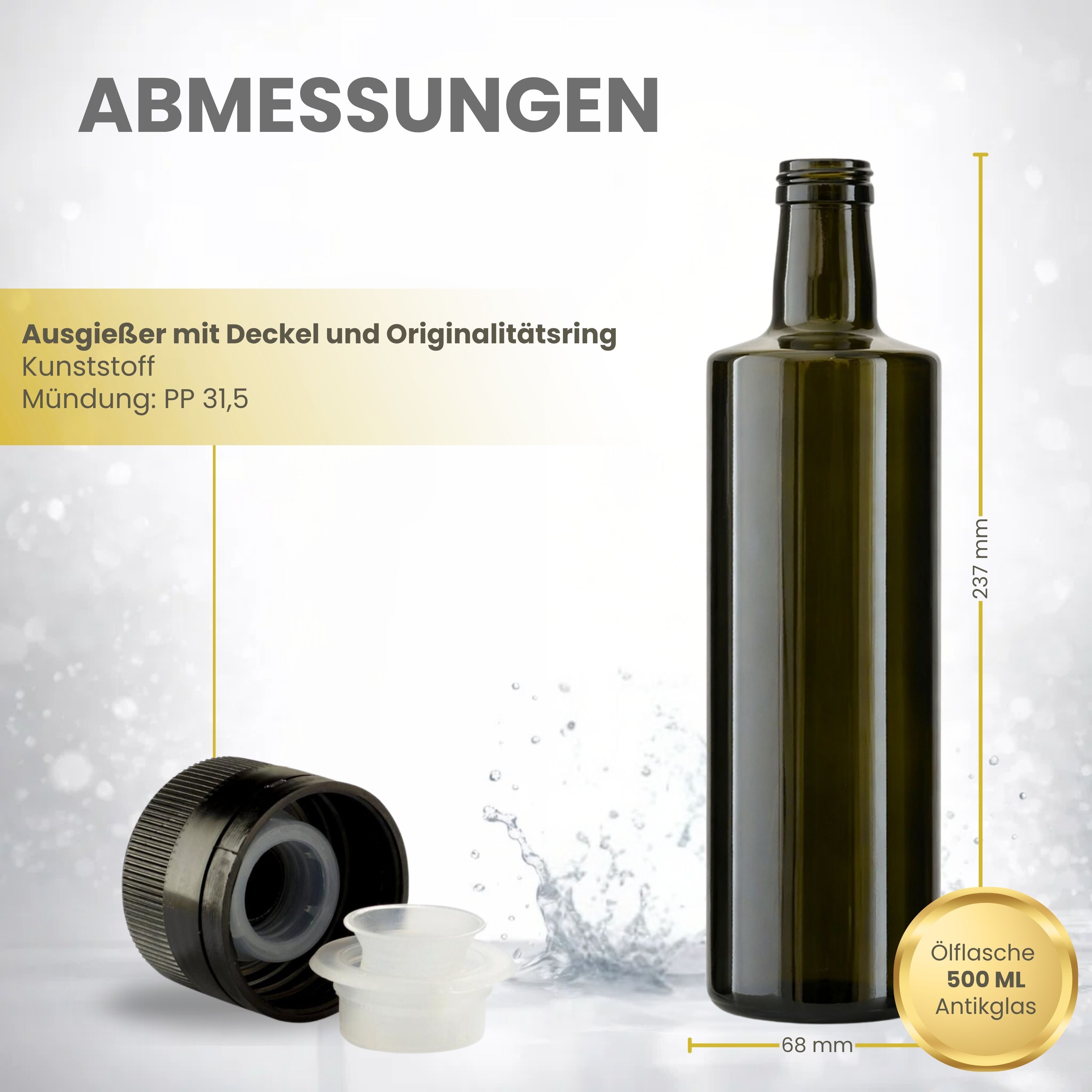 mikken Ölspender 2 Ölflaschen 500ml Antikglas mit Ausgießer Glasflasche zum Befüllen, (Essig & Öl Set), mit Etiketten, Originalitätsring, UV-Schutz, Luftdicht,  – Bild 3 von 4