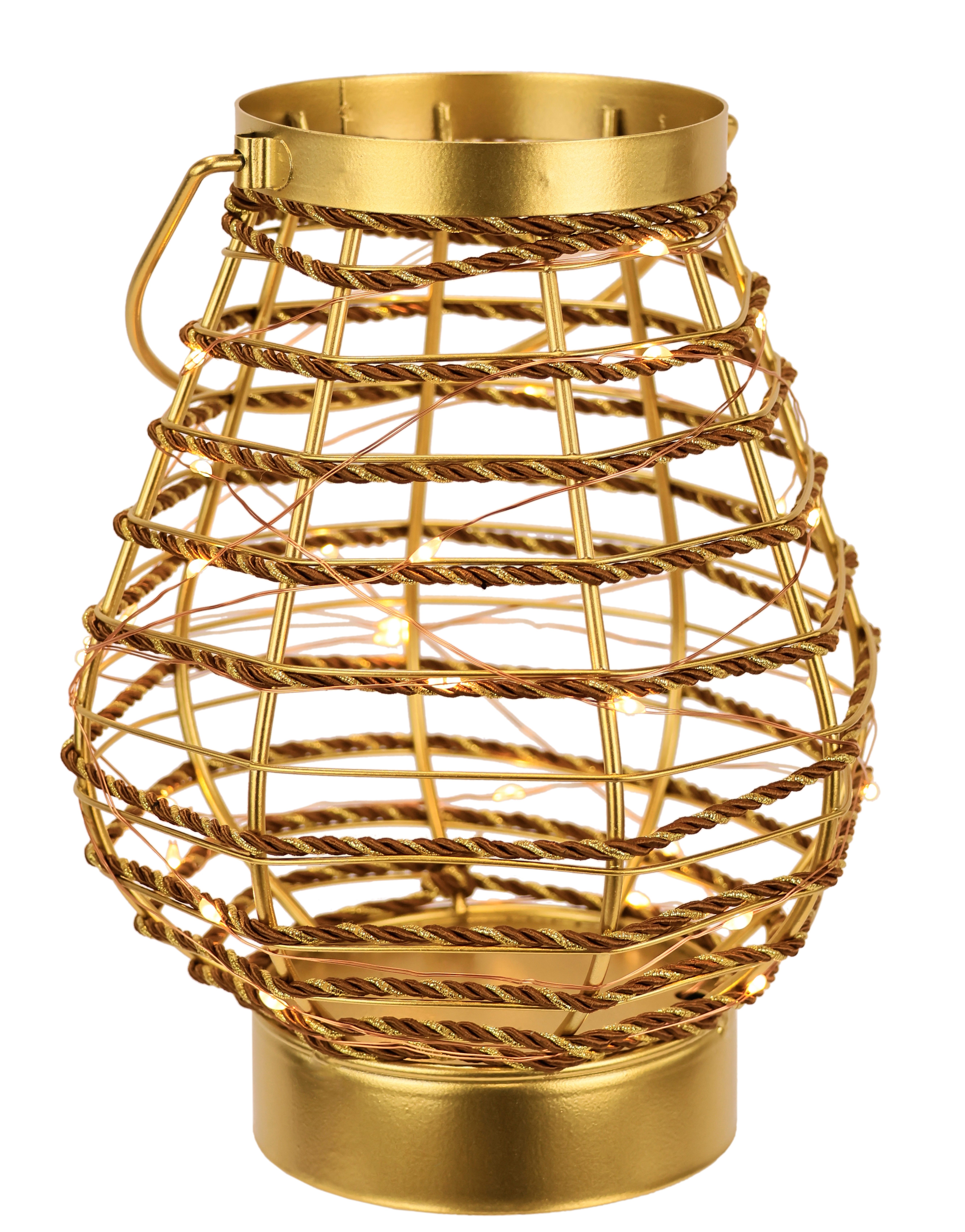 I.GE.A. Windlicht LED-Laterne aus Metall Kordel, Windlicht Kerzenlaterne Gold Tischdeko Lichterkette