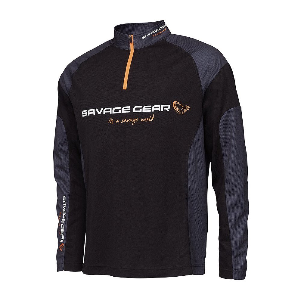 Black Tournament Gear Shirt Savage Gear Longsweatshirt 1/2 Schwarz Schnelltrocknend S-XXL Bügelfrei, Tricot Leichtgewicht, Atmungsaktiv, Zip Angelshirt Knitterfest,