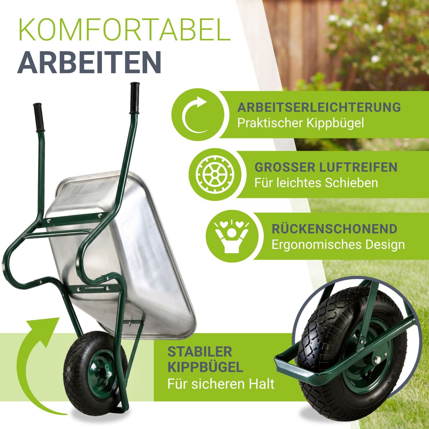 Juskys Schubkarre Garden, 100L, bis 250 kg, Luftreifen, verzinkte Wanne, inkl. Handschuhe