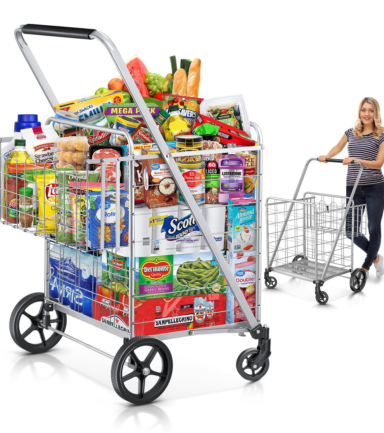 Ophy Einkaufstrolley Zusammenklappbarer Einkaufswagen mit Doppelkorb, 201 kg Tragkraft, extra groß (Upgrade-Einkaufstrolley)