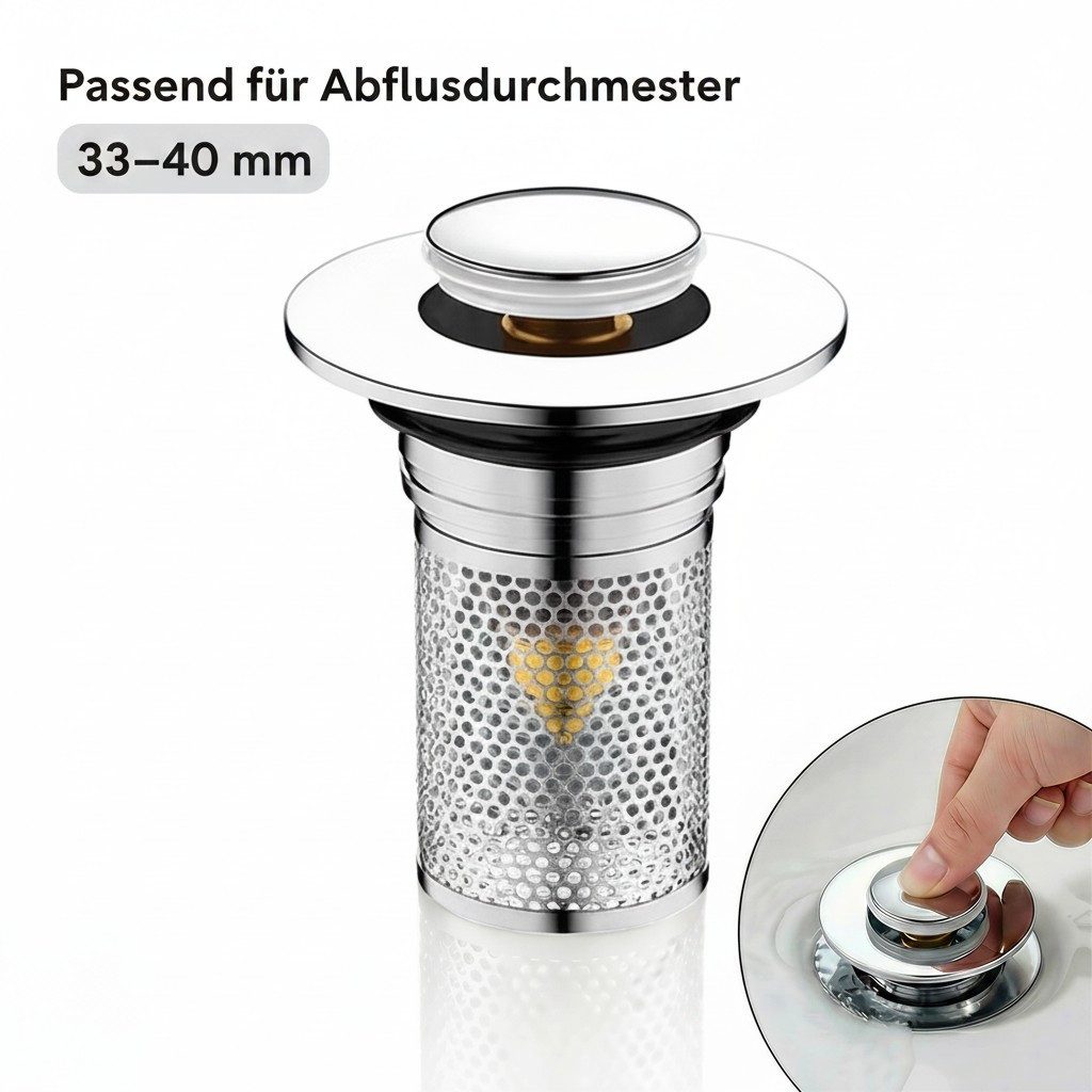 JASLIFE Waschbeckenstöpsel Pop-up-Ablaufstopfen für Waschbecken Ablaufloch Ø 33-40mm, (2 St), Für Ablauflöcher mit Ø 33–40 mm