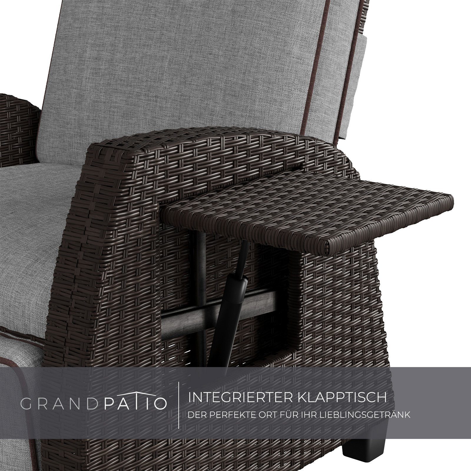 Rückenlehne einstellbar | Grau 150 Grad mit patio Beistelltisch, Dunkelbraun Grand aus PE-Rattan, Gartensessel mit Sitzkissen,