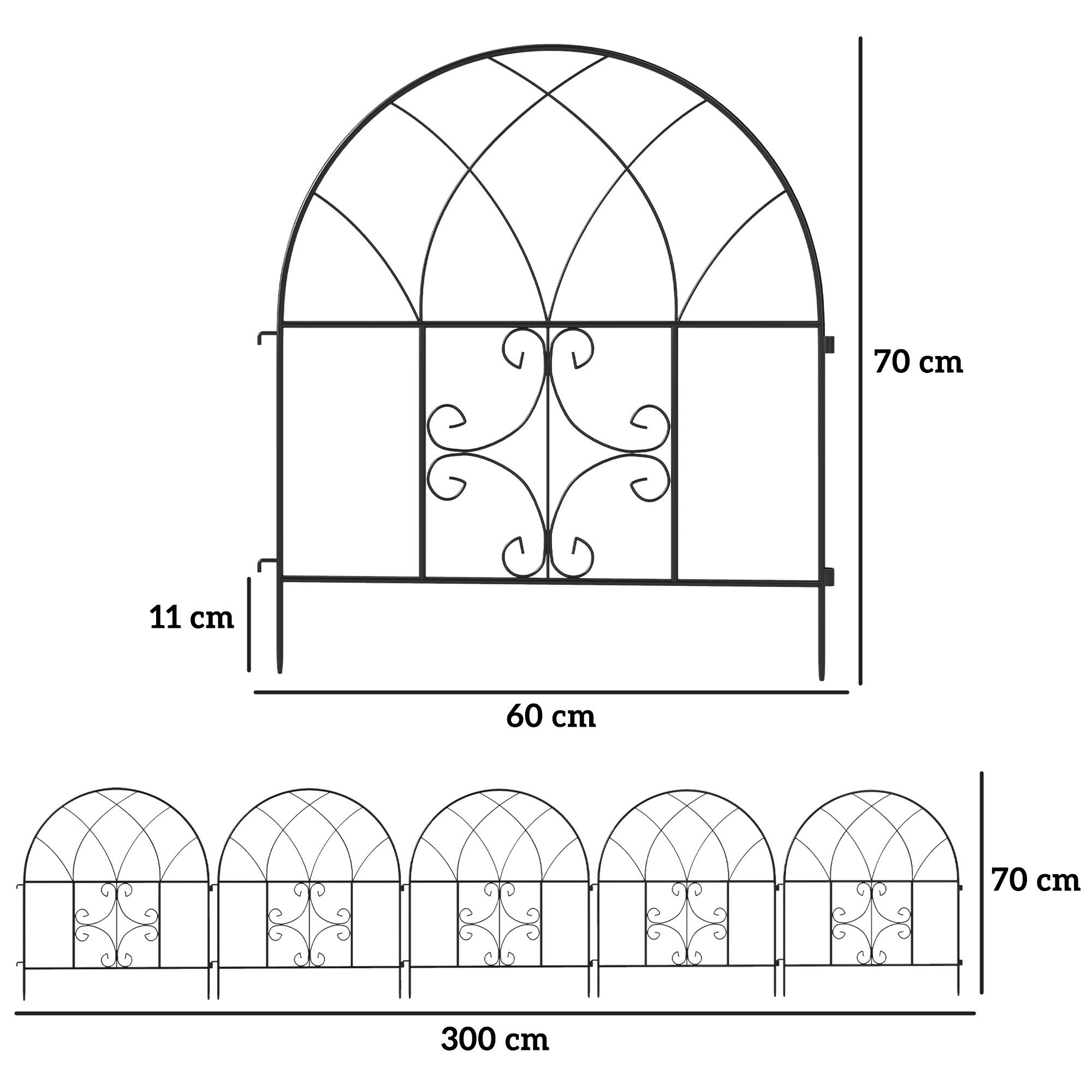 Outsunny Gartenzaun 300 cm x 70 cm hoch, Oberbogen Zaun für Hunde, (Zaun aus Stahl, 5-St., Dekorativer Gitterzaun Set), für Garten Blumenbeete Tierbarriere Außenbereich Schwarz