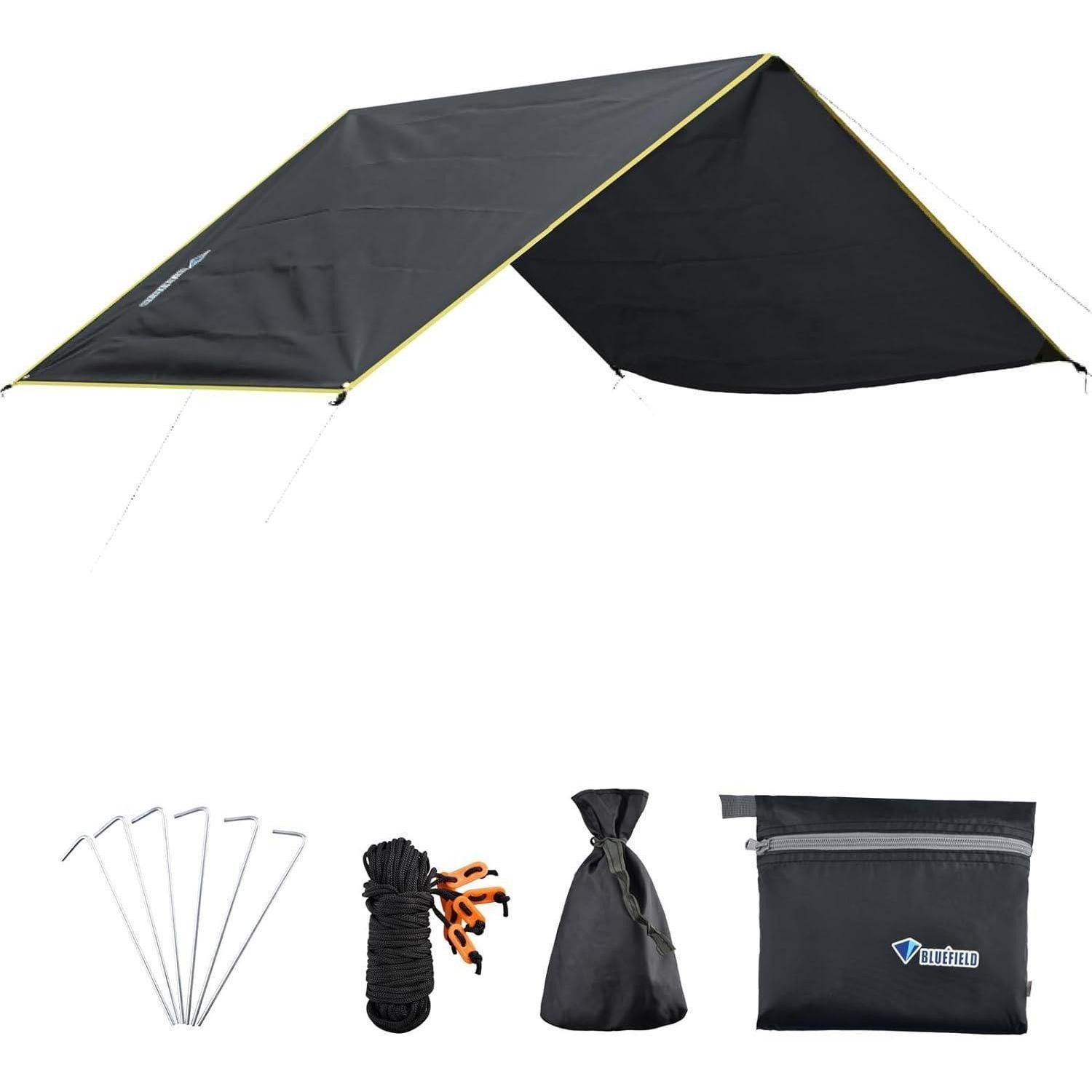 Tarp-Zelt Zeltplane Tarp Hängematte B - Schwarz + Zubehör L - 2.4x2.2m