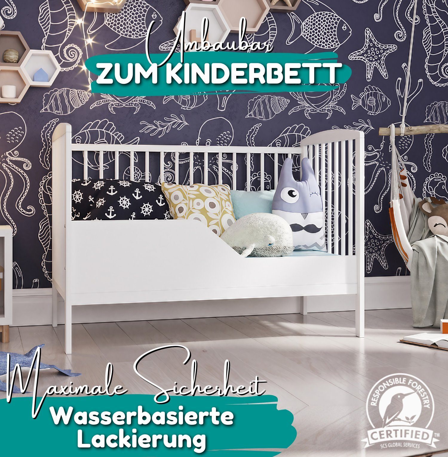 Qualitätsträume I Schatzes, Schubladen Home® LUCAS mit SET Schubladen - aus Schlaf Babybett Ihres den für Matratze I Babybett Matratze + mit Weiß ruhigen Komplett 60x120 Kiefernholz Alavya und