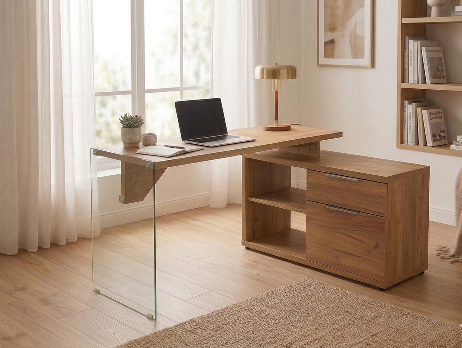 Jahnke Eckschreibtisch LUX C 135 E, Eckschreibtisch,wechselseitig montierbar,Glas,1 Schublade & 2 Fächer