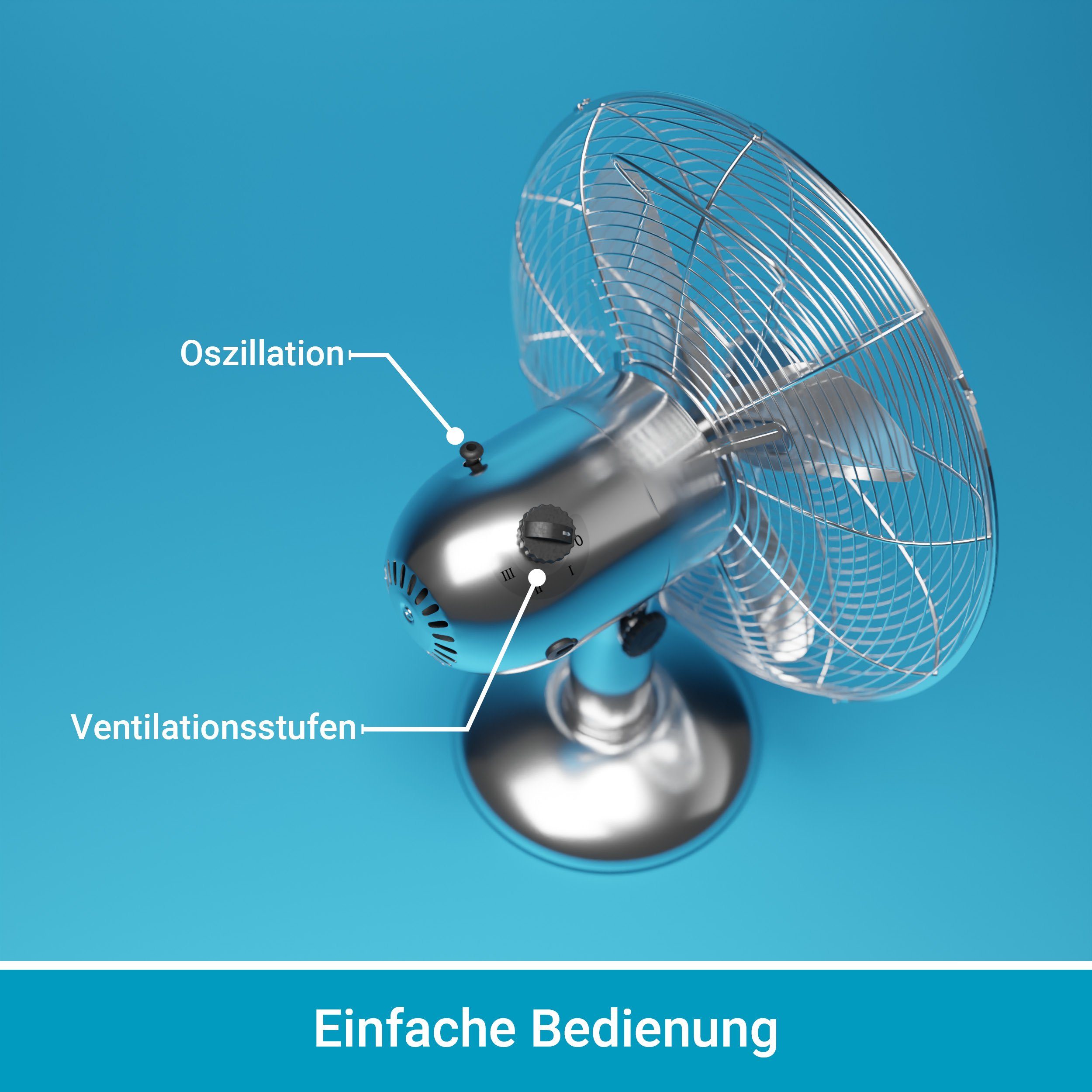 Suntec 35 W 3 Tischventilator inkl. Fan, Wellness chrome, 3000 TVM Ventilator Ventilationsstufen, CoolBreeze