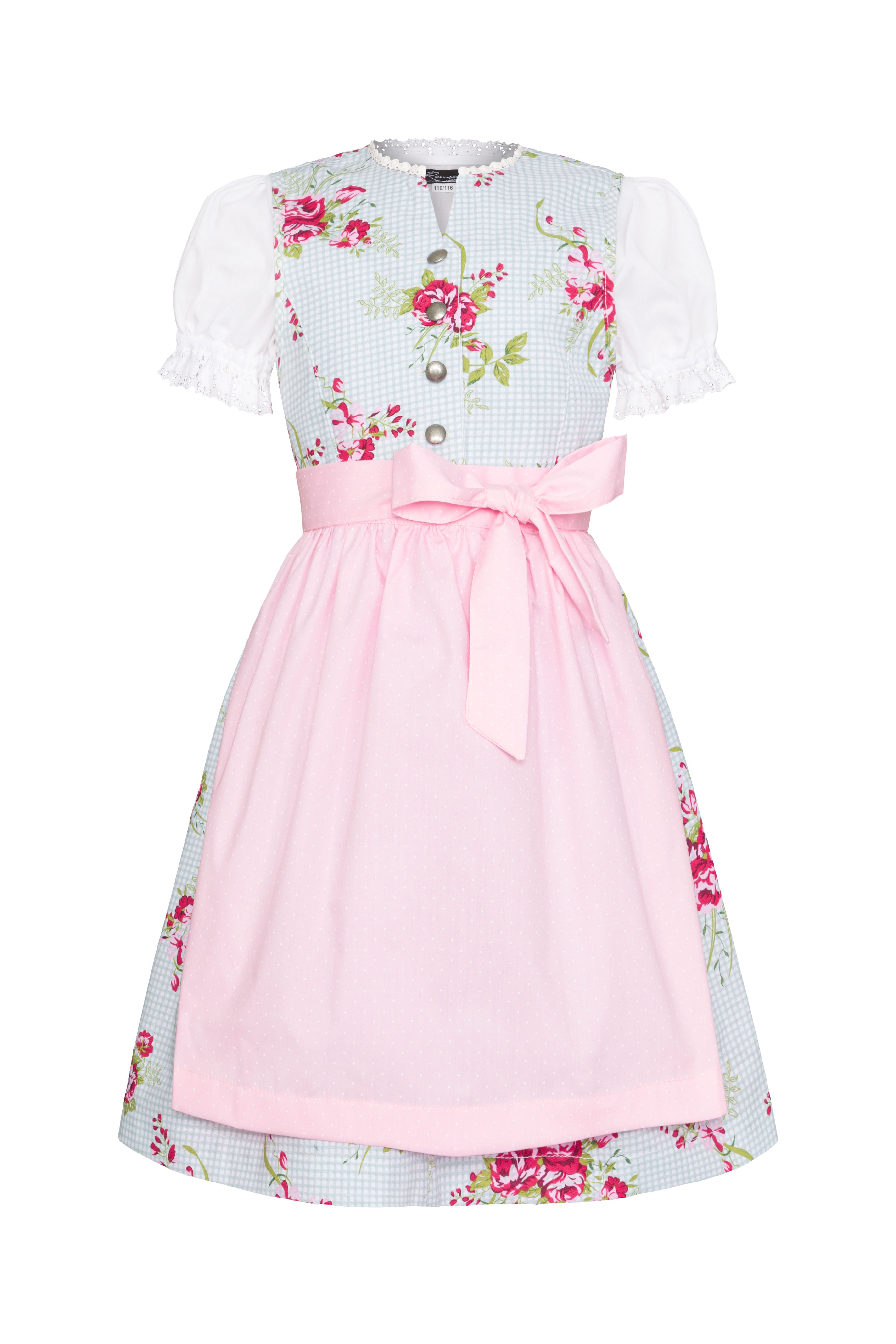 Ramona Lippert Dirndl Kinderdirndl Vicky Hellgrün Rosenprint, 3-teilig mit Schürze & Bluse