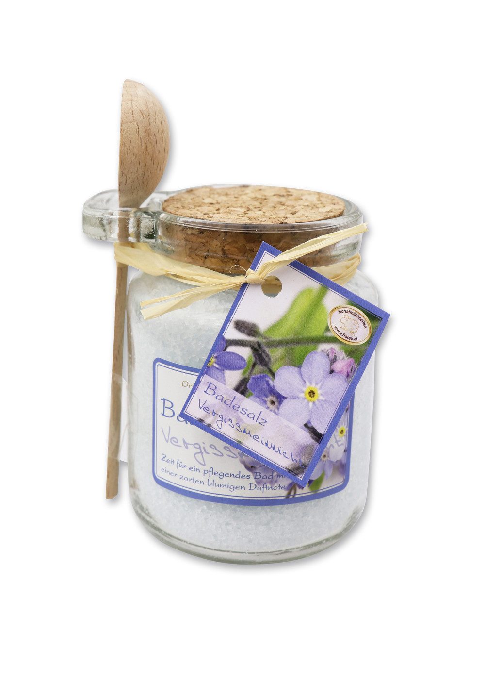 Gerlinde Hofer _ Florex GmbH Badezusatz B1420 Vergissmeinnicht, Badesalz mit Bio Schafmilch im Glas mit Holzlöffel 300 g