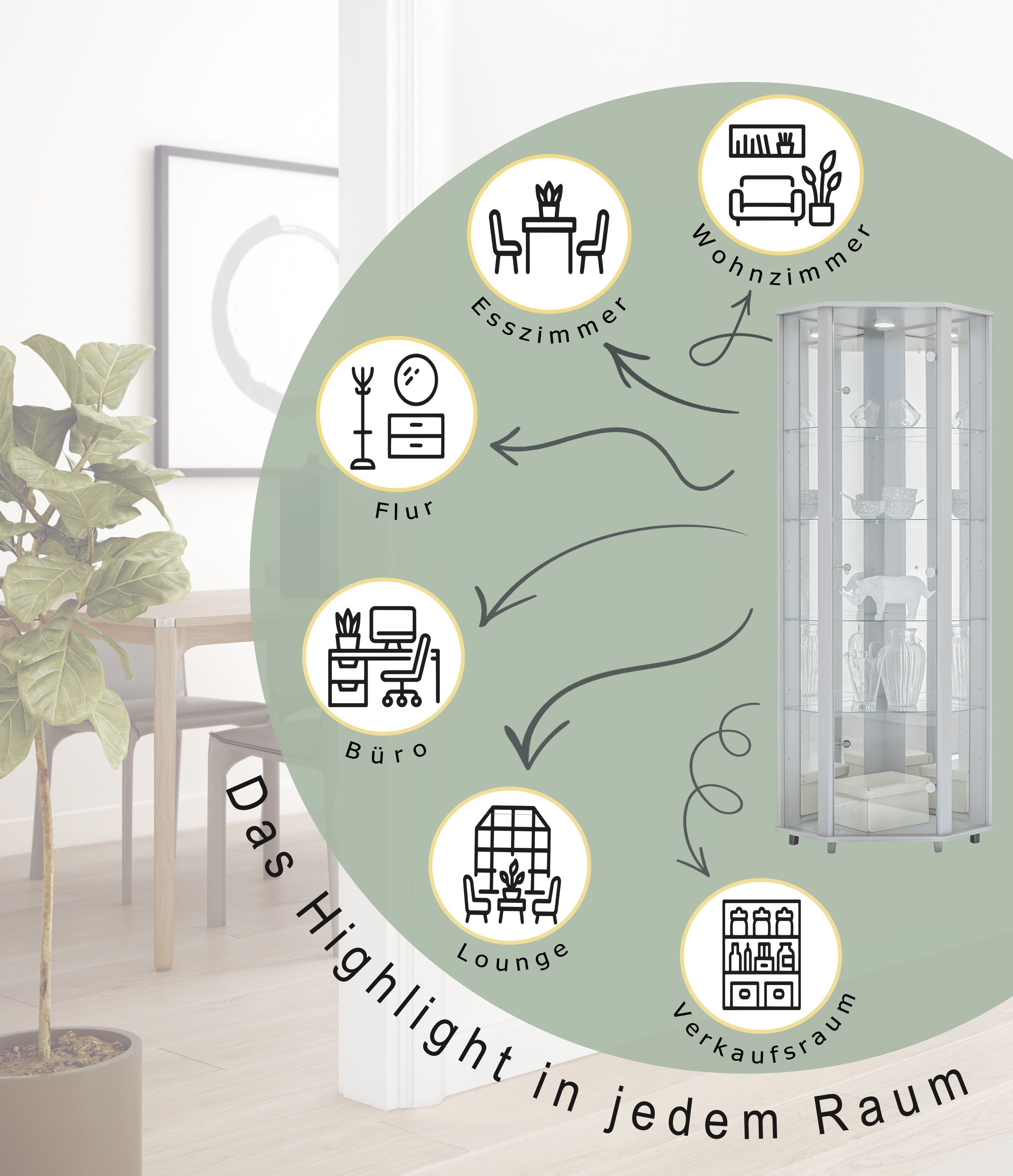 fif möbel Eckvitrine TRIO Höhe ca. 172 cm, ink. Beleuchtung Eckvitrine/Glasvitrine 1x Glastür, perfekt für Sammler, Sammlervitrine