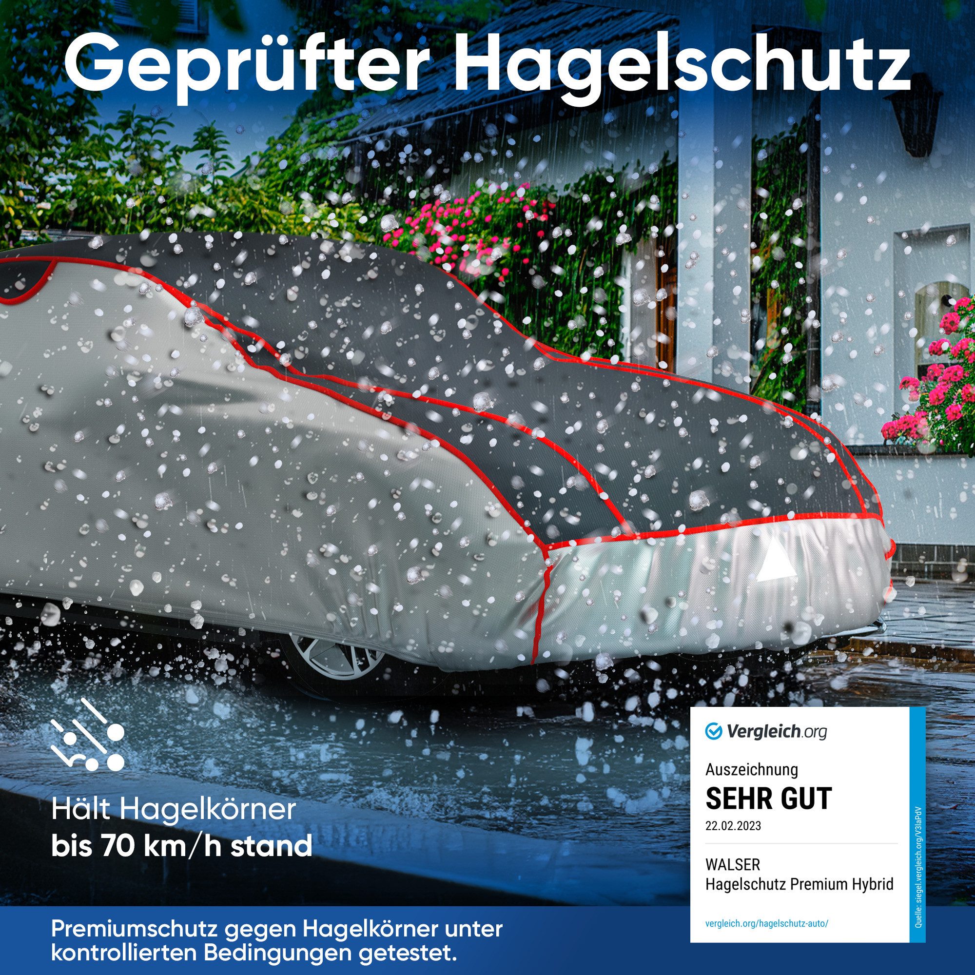 WALSER Autoplane Hagelschutz Premium Hybrid (1-St., 1 Hagelschutzplane, 3 Spanngurte)