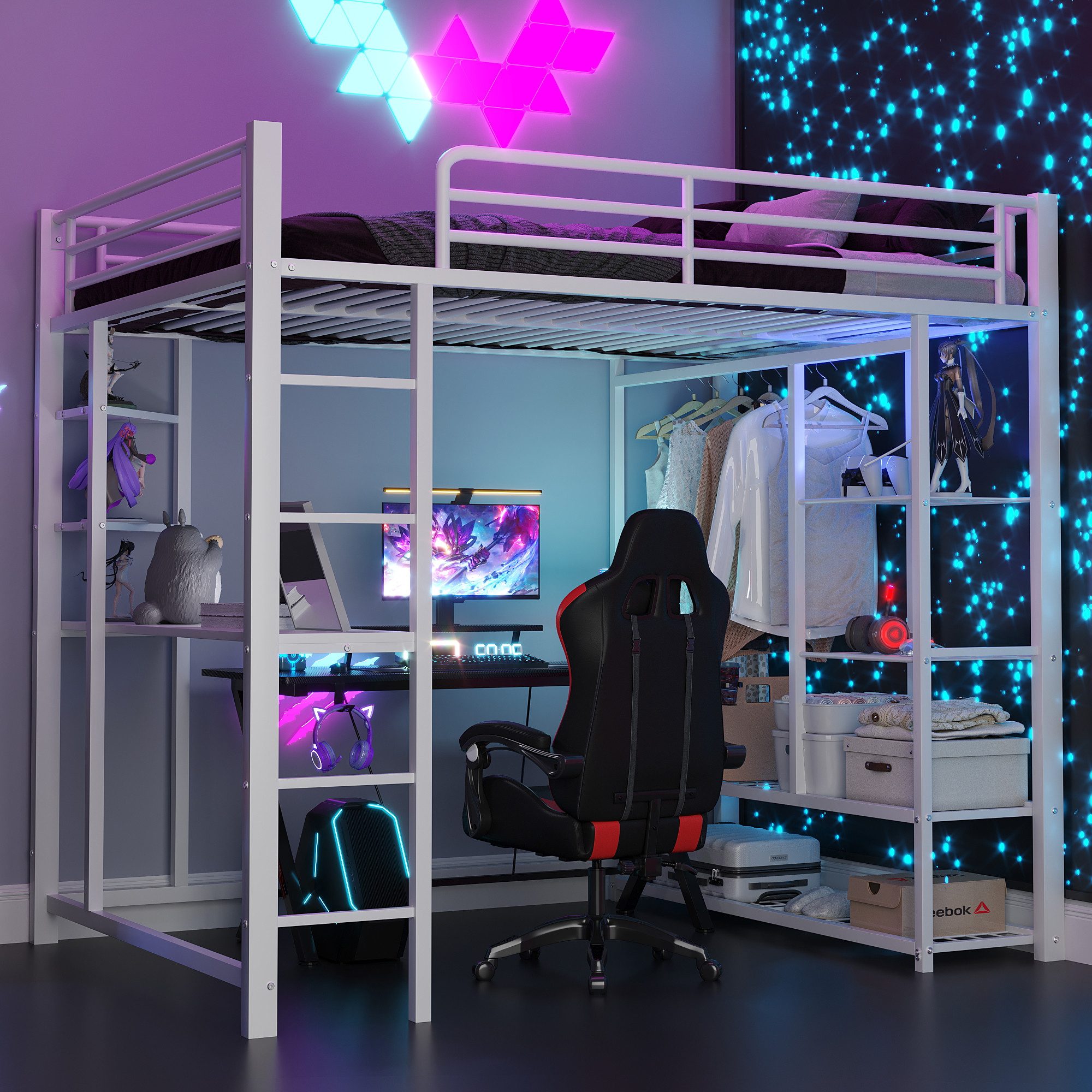 Flieks Hochbett Kinderbett Metallbett 140x200cm mit Tisch und Stauraum günstig online kaufen