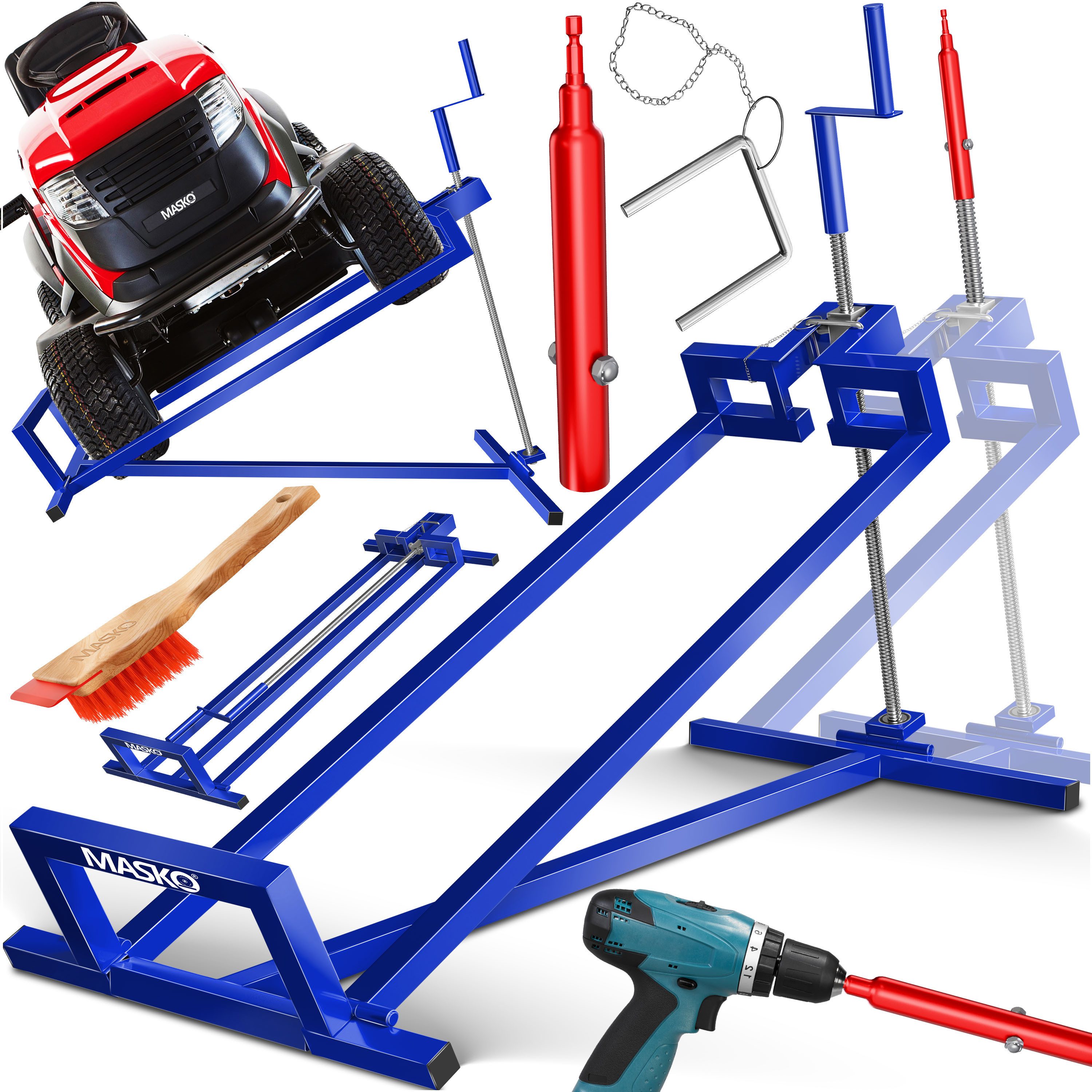 MASKO Rasentraktor Heber 450kg Hebevorrichtung für Aufsitzmäher mit Adapter inkl. Bürste, Rasentraktorheber, universelle Reinigungshilfe, Hebebühne für Quad